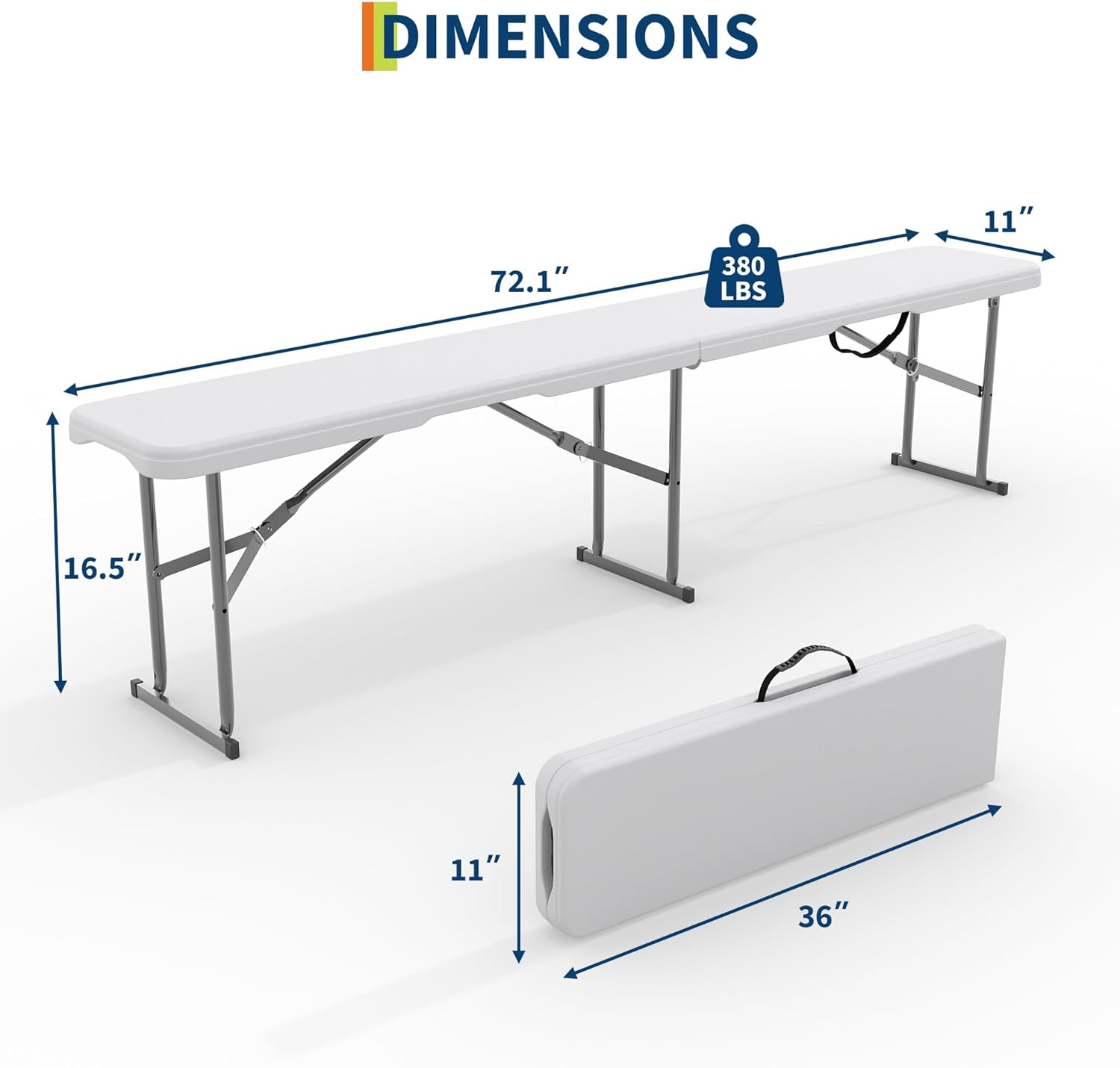 GarveeLife Portable Folding Bench 6 Foot, Plastic Foldable Bench HDPE BenchTop with Carrying Handle for Outdoor Picnic Camping Party Sports Activities - White