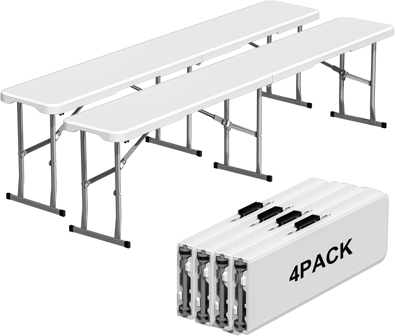 6ft Folding Bench 2 Pack, Plastic Folding Bench for Picnic Camping Dining Party Garden, 6 feet Foldable Benches for Soccer Multipurpose Entertaining Activities, Smooth HDPE Tabletop, White