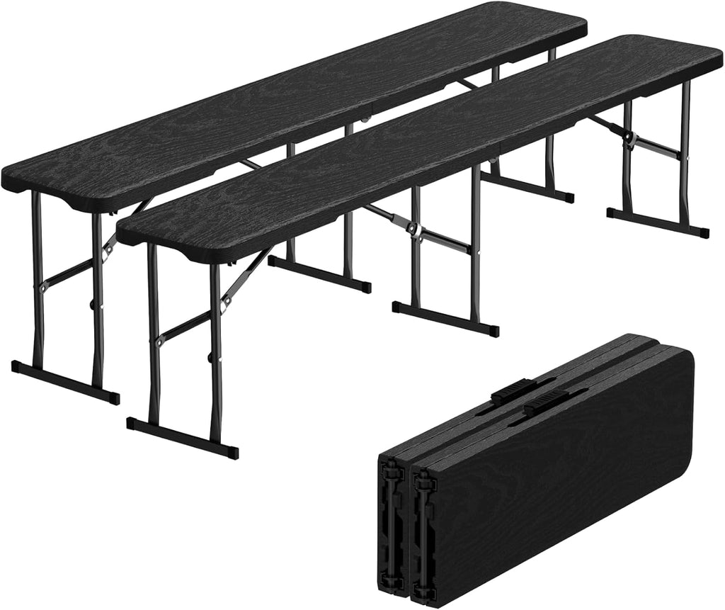 6ft Folding Bench 2 Pack, Plastic Folding Bench for Picnic Camping Dining Party Garden, 6 feet Foldable Benches for Soccer Multipurpose Entertaining Activities, Smooth HDPE Tabletop, White