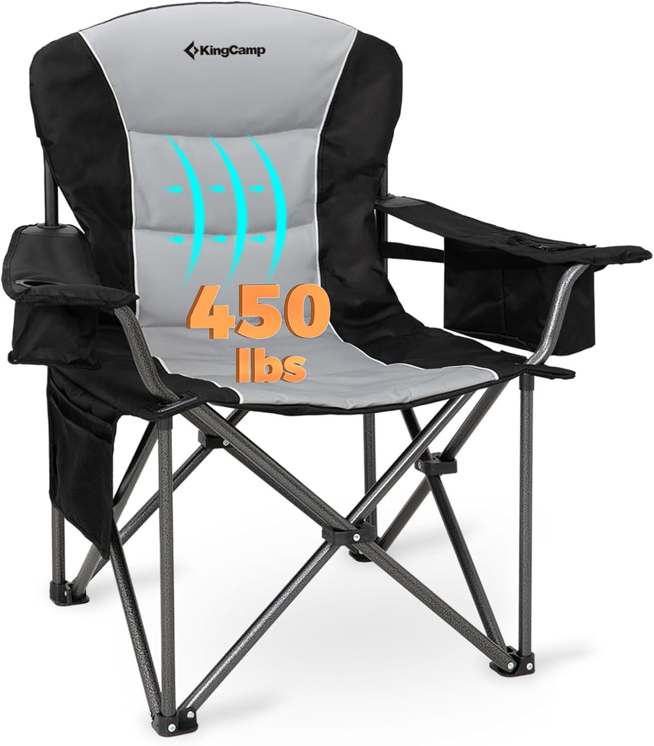 KingCamp Oversized Camping Folding Chair, Heavy Duty 450 LBS with Lumbar Support, Padded seat with Cup Holder&Cooler Bag, Ideal for Camp, Fishing, Sports Event, Backyard, Patio, Lawn (Lava Green)
