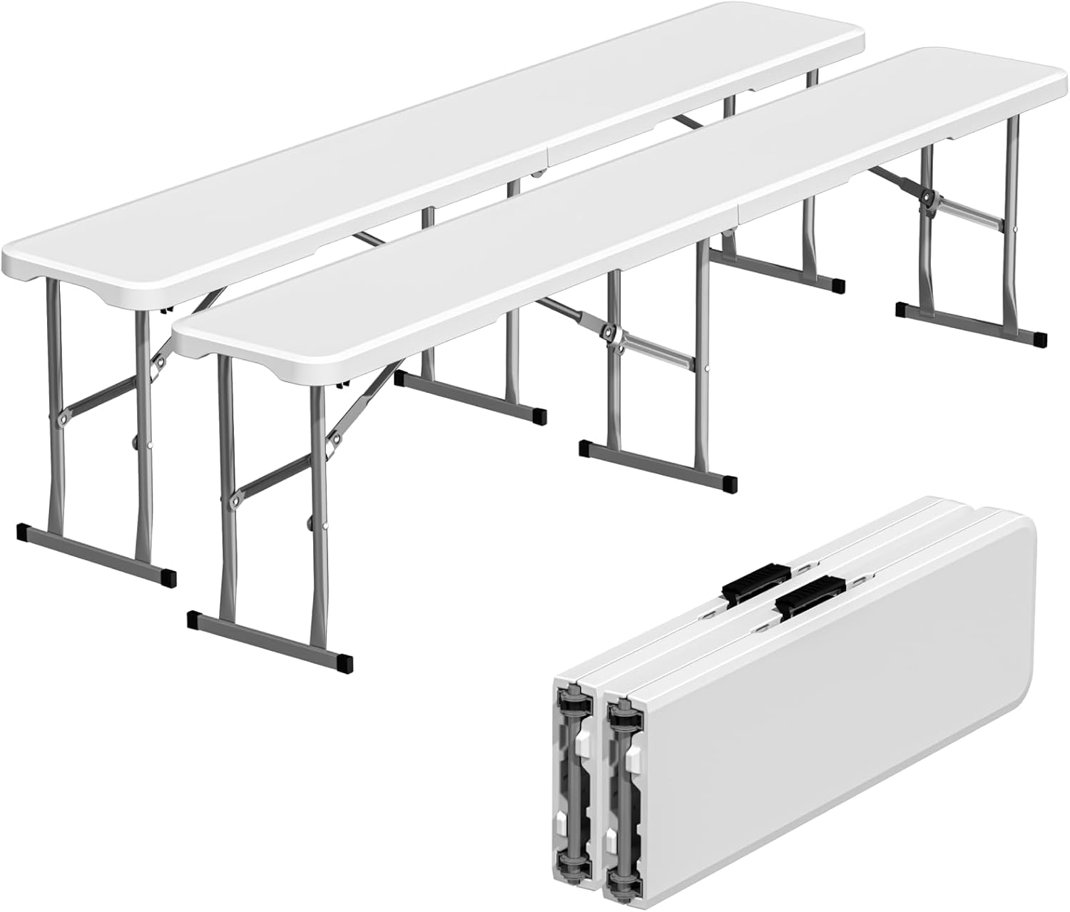 6ft Folding Bench 2 Pack, Plastic Folding Bench for Picnic Camping Dining Party Garden, 6 feet Foldable Benches for Soccer Multipurpose Entertaining Activities, Smooth HDPE Tabletop, White