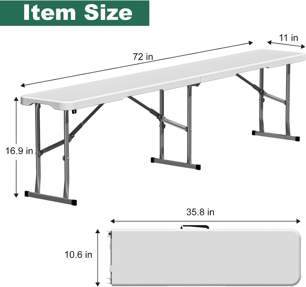 6ft Folding Bench 2 Pack, Plastic Folding Bench for Picnic Camping Dining Party Garden, 6 feet Foldable Benches for Soccer Multipurpose Entertaining Activities, Smooth HDPE Tabletop, White