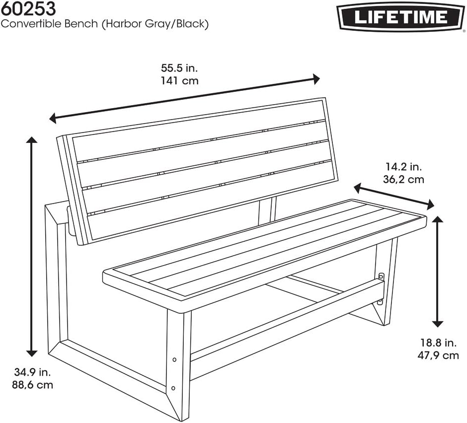LIFETIME 60253 Outdoor Convertible Bench, 55 Inch, Harbor Gray