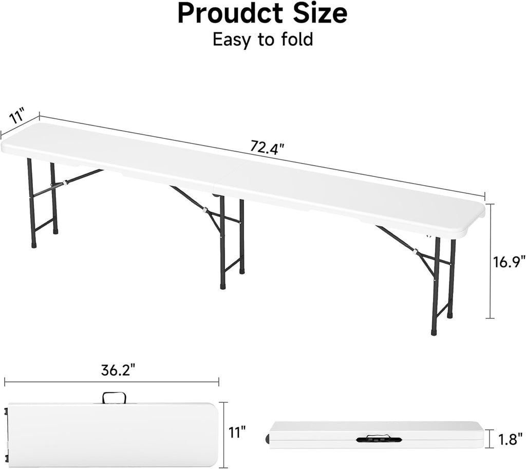 2 Pack 6FT Folding Bench, Portable Bench with Handle and Non-Slip Pad, HDPE Camping Bench for Indoor Outdoor, Picnic, Garden, Football Activities, White