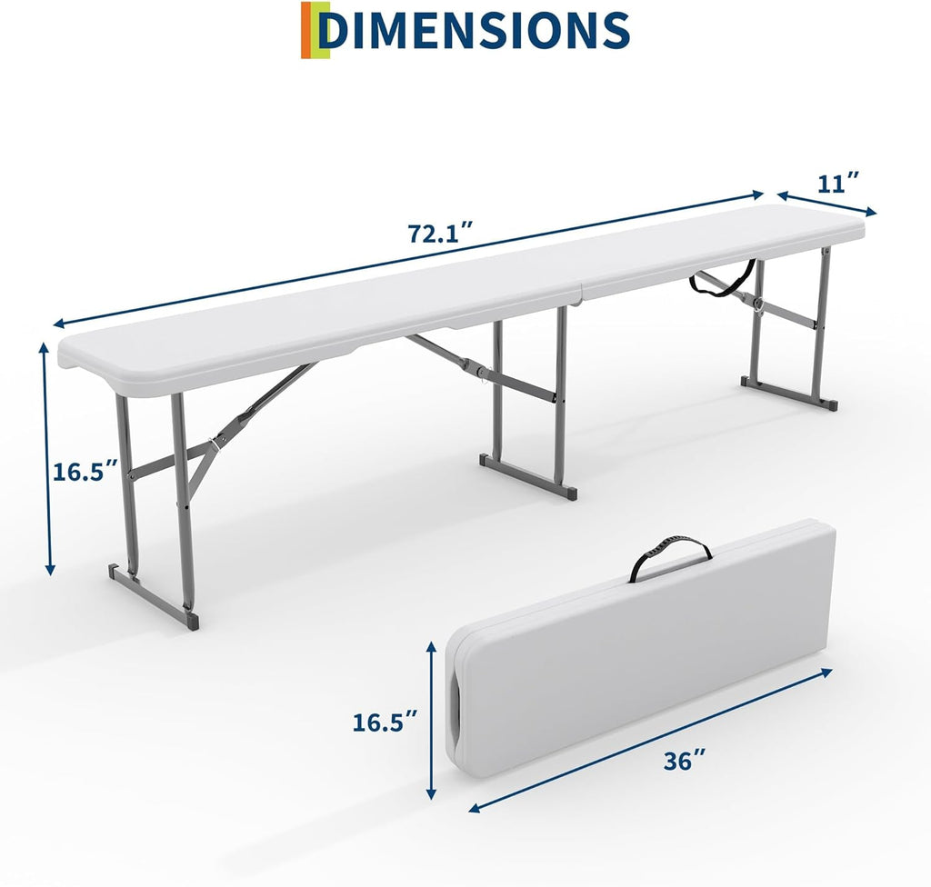 6Ft Plastic Folding Bench, 2 Pack Portable Folding Bench, Foldable HDPE Waterproof Outdoor Benches with Carrying Handle Picnic Camping Sports Party Activities, White (White-1pc)