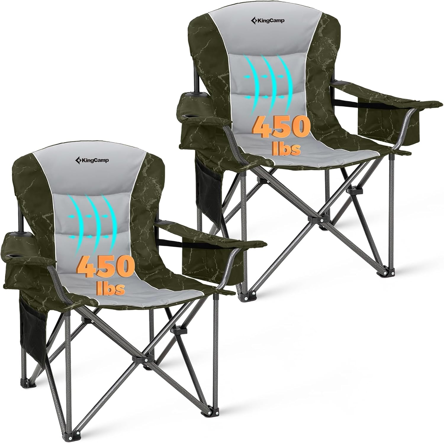 KingCamp Oversized Camping Folding Chair, Heavy Duty 450 LBS with Lumbar Support, Padded seat with Cup Holder&Cooler Bag, Ideal for Camp, Fishing, Sports Event, Backyard, Patio, Lawn (Lava Green)