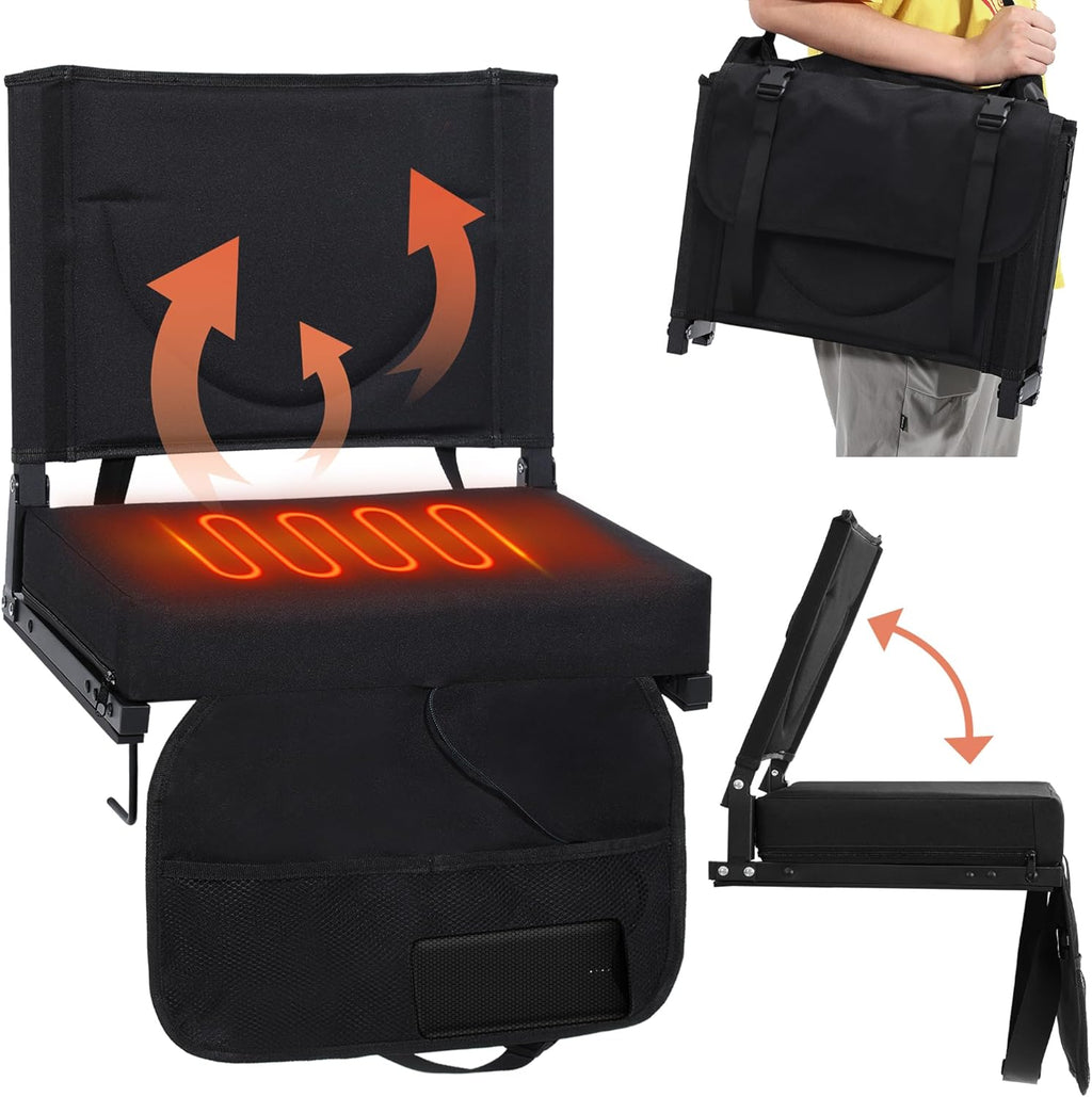 Heated Stadium Seats with Backrest and Cushion, Portable and Lightweight, Ideal for Camping, Beach, Sporting Events, Folds to Compact Size, Extra Wide, USB Battery Not Included