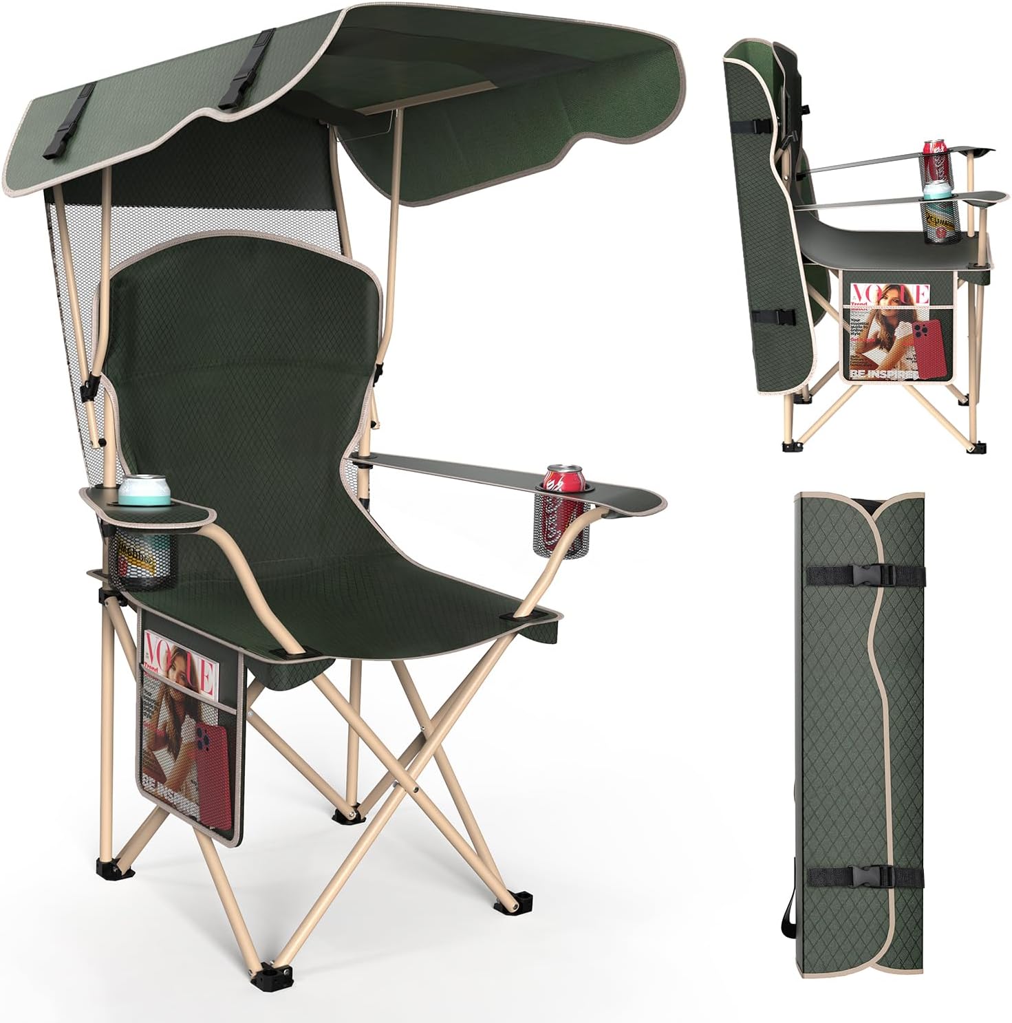 Portable Camping Chair with Canopy - Folding Chair with Canopy, Durable 600D Oxford Canopy Chair for Camping, Beach, Picnics, Fishing & Sports