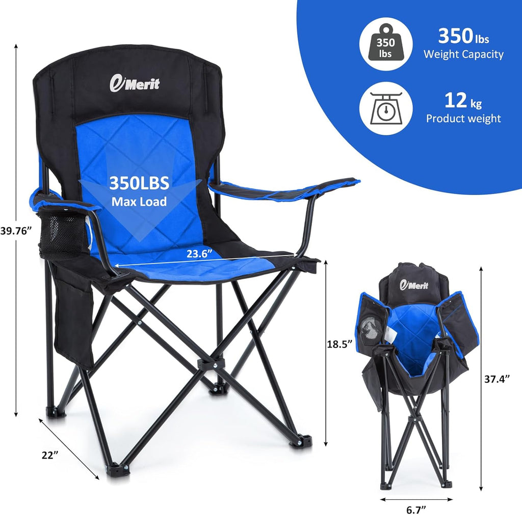 EMERIT Oversized Padded Camping Chair, 350LB Heavy Duty Quad Fold Chair with Arms, Collapsible Outdoor Chairs with Lumbar Back & Cup Holder