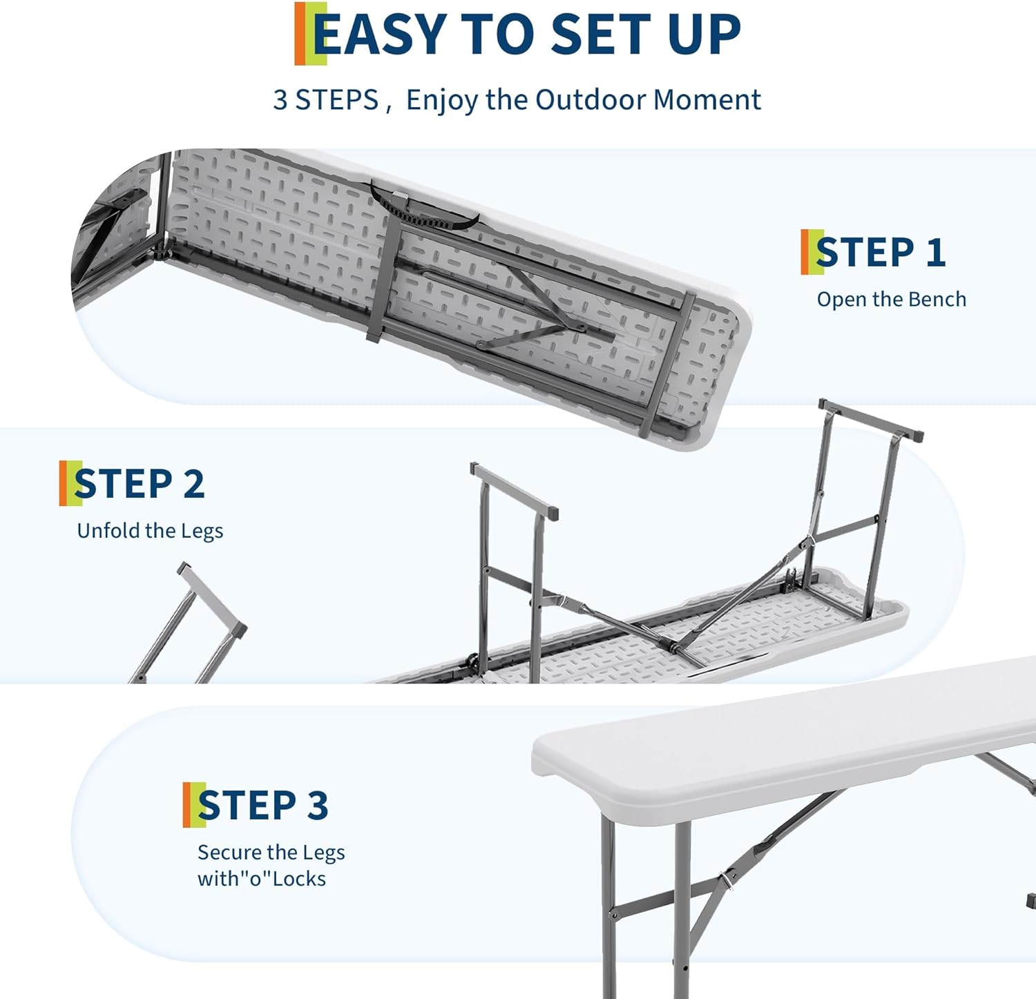 6Ft Plastic Folding Bench, 2 Pack Portable Folding Bench, Foldable HDPE Waterproof Outdoor Benches with Carrying Handle Picnic Camping Sports Party Activities, White (White-1pc)