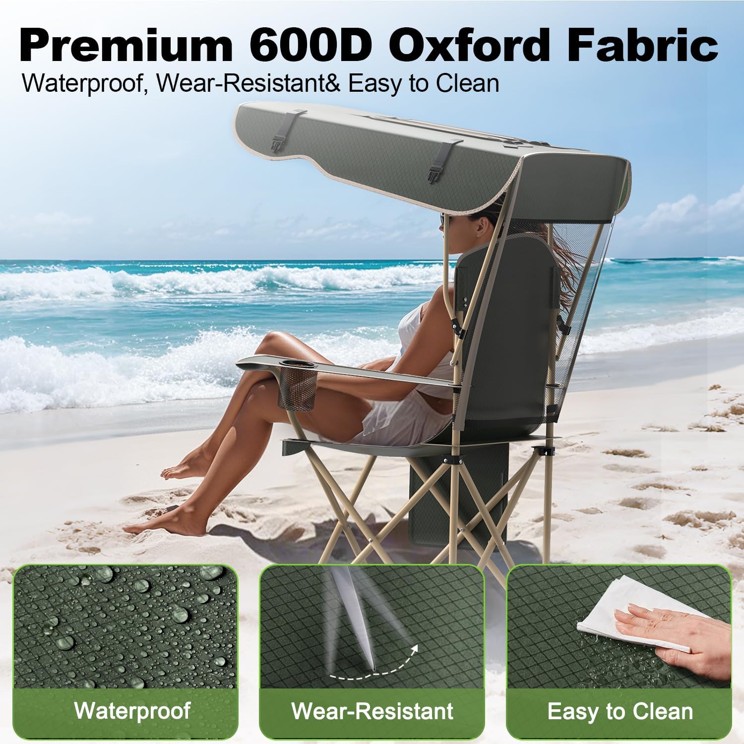 Portable Camping Chair with Canopy - Folding Chair with Canopy, Durable 600D Oxford Canopy Chair for Camping, Beach, Picnics, Fishing & Sports