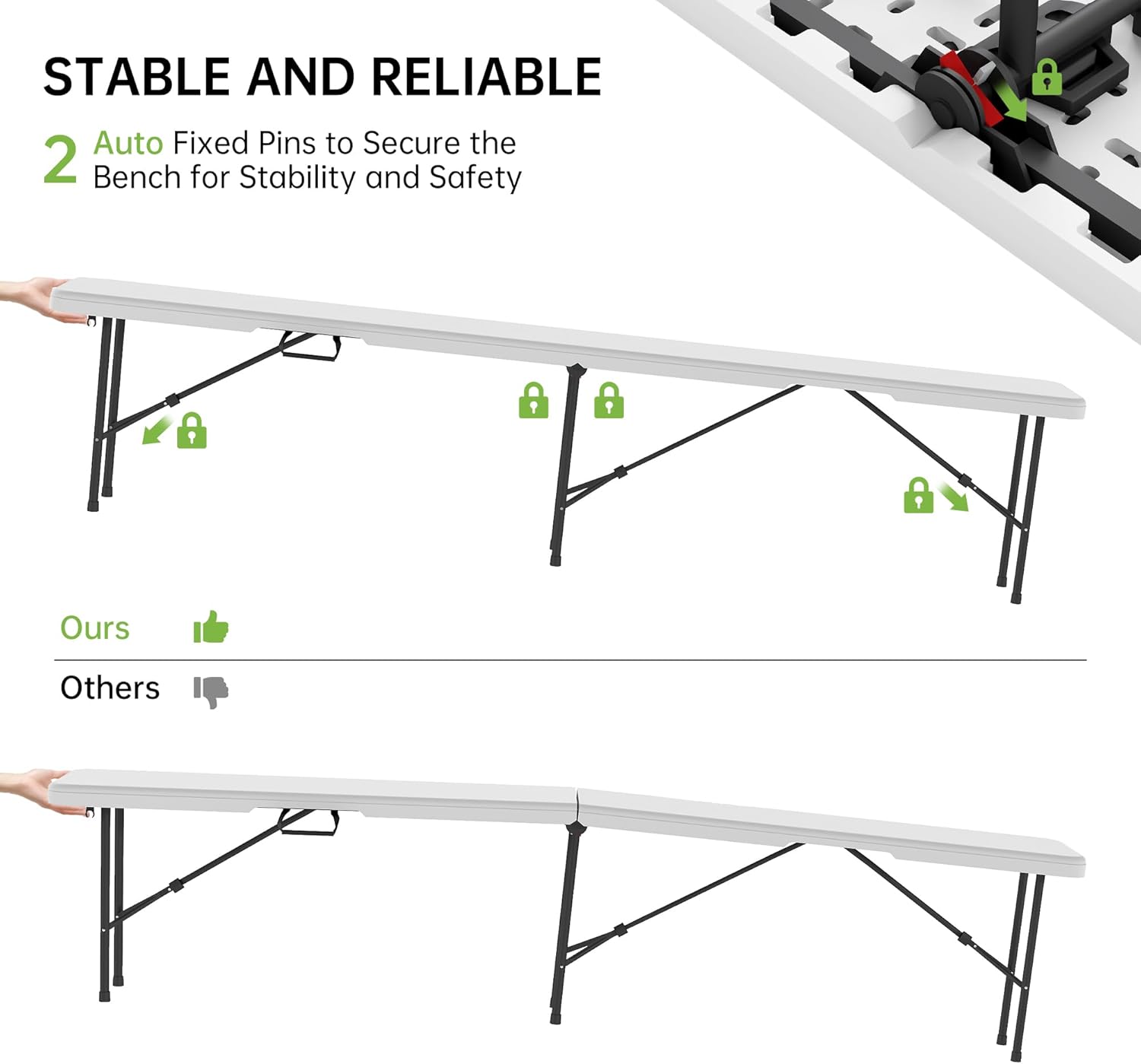 2 Pack 6FT Folding Bench, Portable Bench with Handle and Non-Slip Pad, HDPE Camping Bench for Indoor Outdoor, Picnic, Garden, Football Activities, White