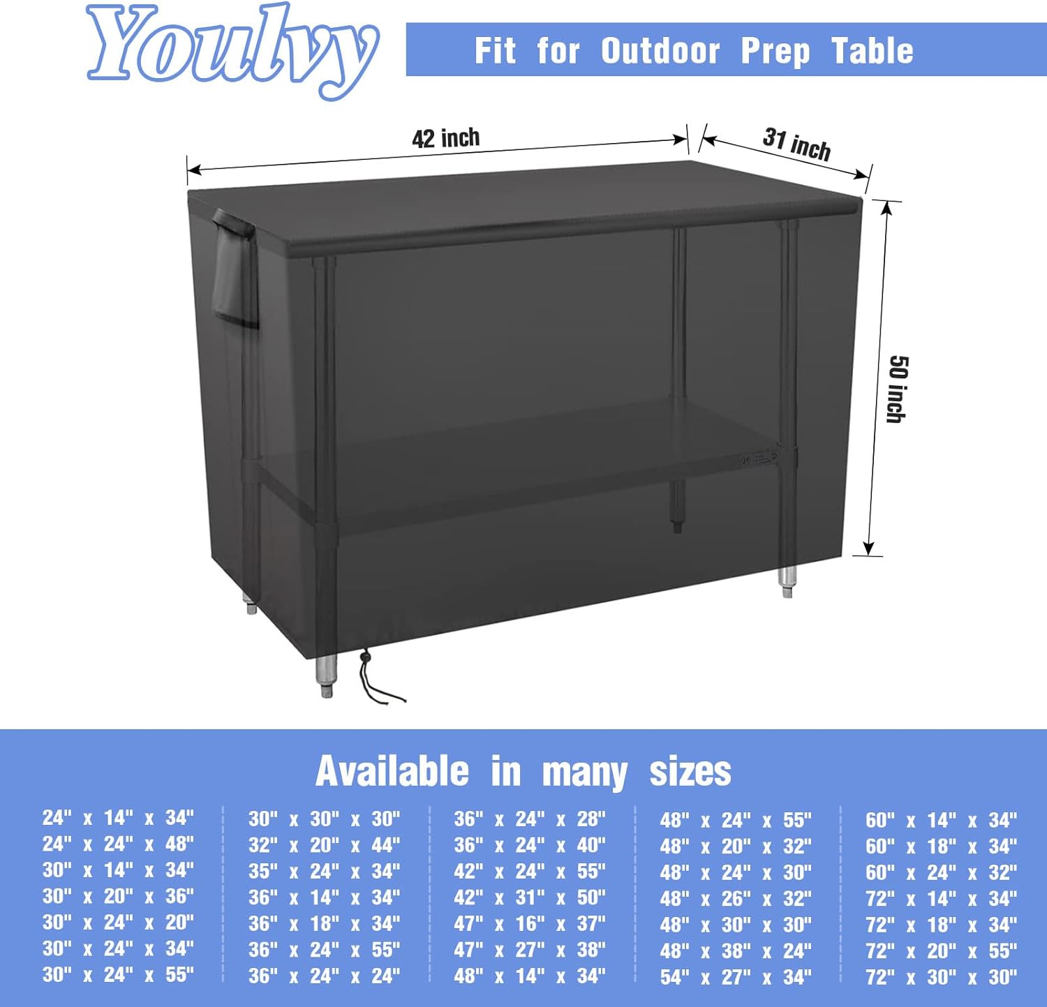 Outdoor Prep Table Cover 42 Inch,Waterproof Patio Outdoor Stainless Steel Metal Grill BBQ Table Cart Cover Dustproof Windproof All Season Pretection for Outdoor Table - 42 x 31 x 50 Inch