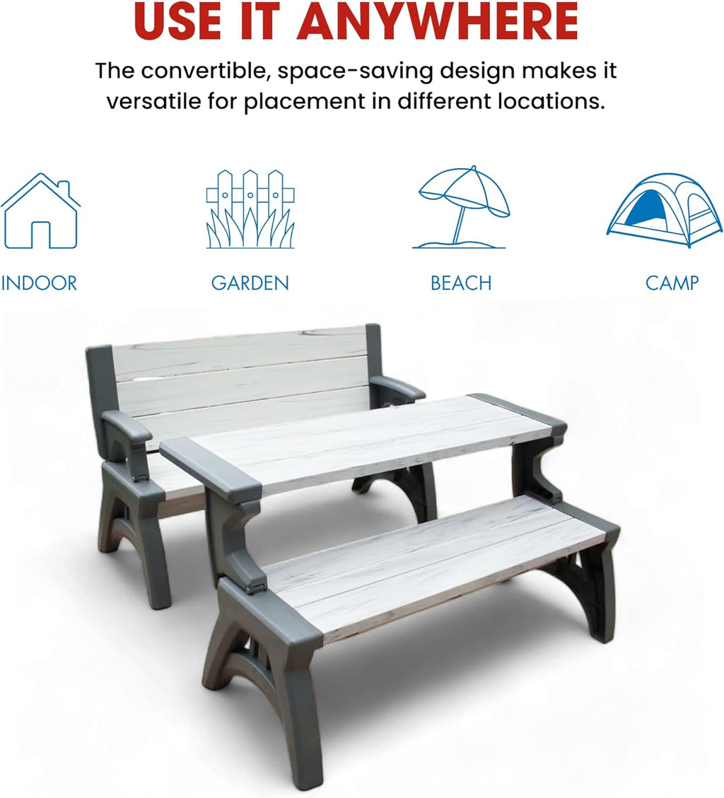 Convert-a-Bench 2-in-1 Outdoor Bench & Picnic Table - Foldable, Weather-Resistant Seating - Perfect for Patio, Lawn, Garden, or Deck - Durable & Easy Assembly - 1 Bench/Order, Platinum White Birch