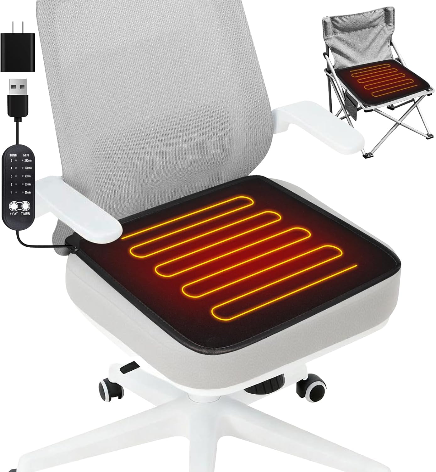 USB Heated Seat Cushion - 5V Portable Stadium Chair Heating Pad with 5 Heat Setting & 4H Timer - Light&Foldable for Travel Warmth-Universal Outdoors Seat Warmer for Office,Home,Bleachers
