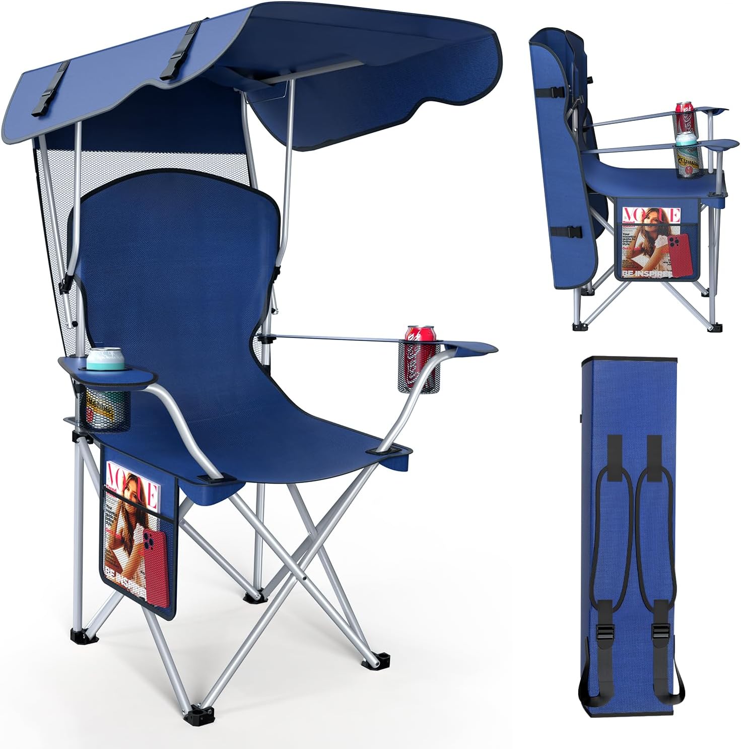 Portable Camping Chair with Canopy - Folding Chair with Canopy, Durable 600D Oxford Canopy Chair for Camping, Beach, Picnics, Fishing & Sports