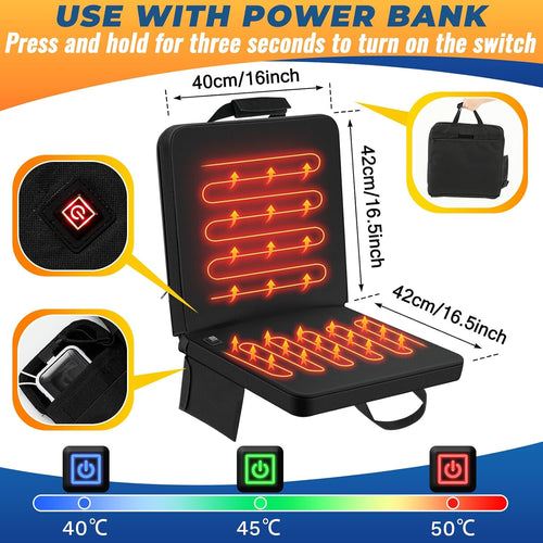 2 Pack Heated Stadium Seats for Bleachers with Back Support Extra Portable Chair Pad Foldable Seat Cushion with USB 3 Level Heating and Bag Pocket for Outdoor Sport Events