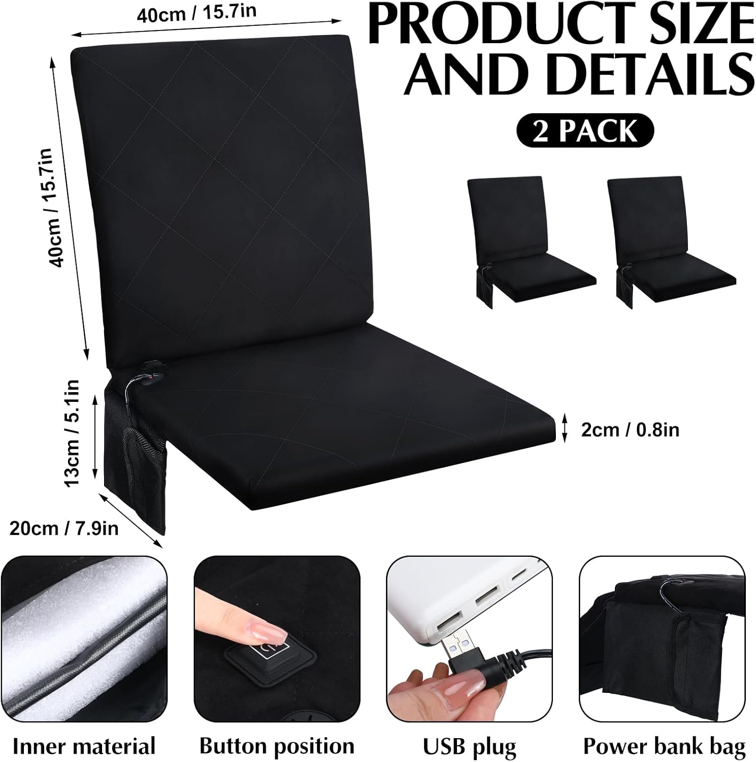 Thyle Portable Heated Seat Cushion for Bleachers Foldable Heating Cushion 3 Mode Adjustable Heated Stadium Chair Bleacher Seat for Bleachers Indoor, Power Bank Not Included