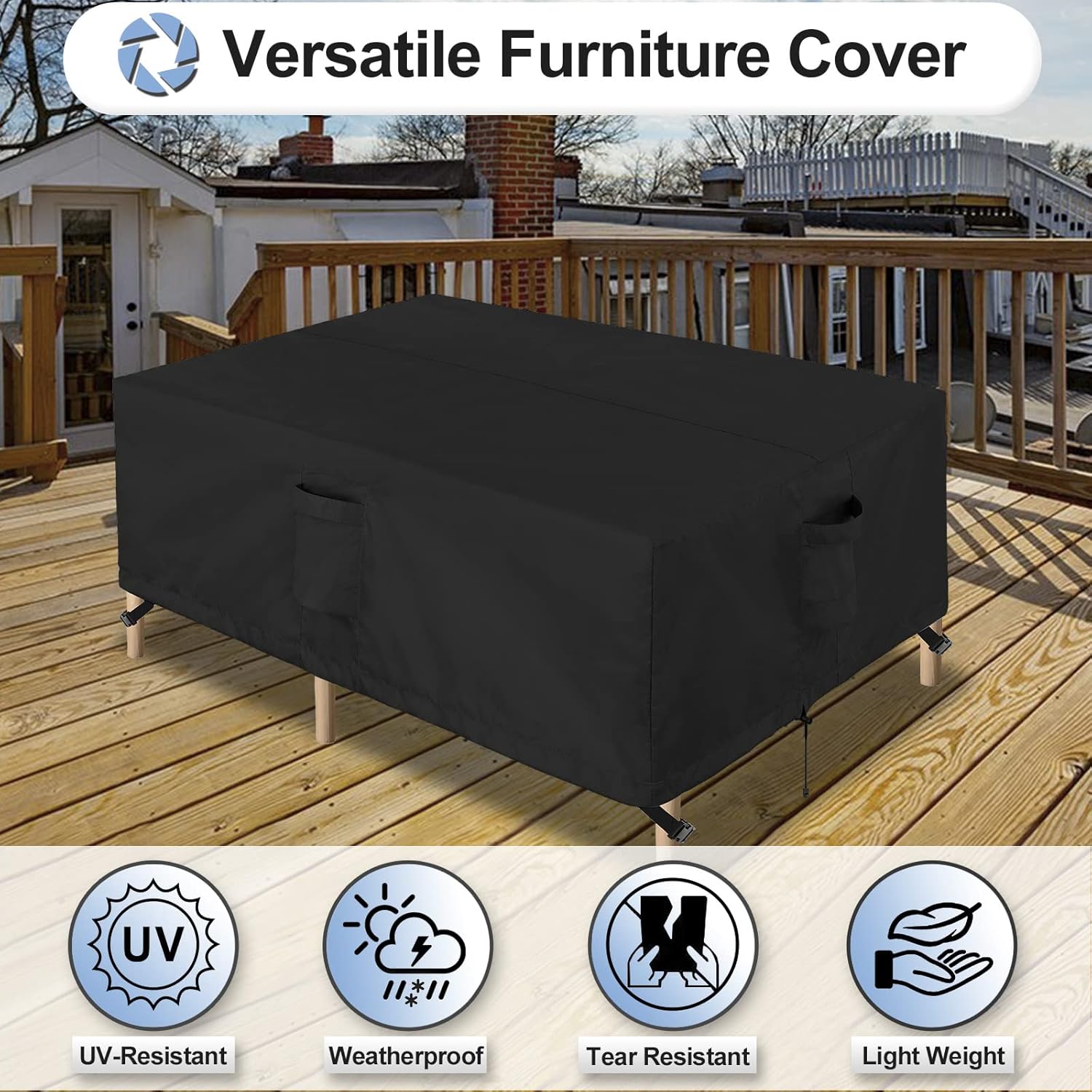OutdoorLines Outdoor Waterproof Patio Table Furniture Set Covers - Rectangle Couch Sectional Cover Outside Weatherproof Patio Furniture Covering for Deck, Lawn and Backyard 90"L x 64"W x 28"H, Black