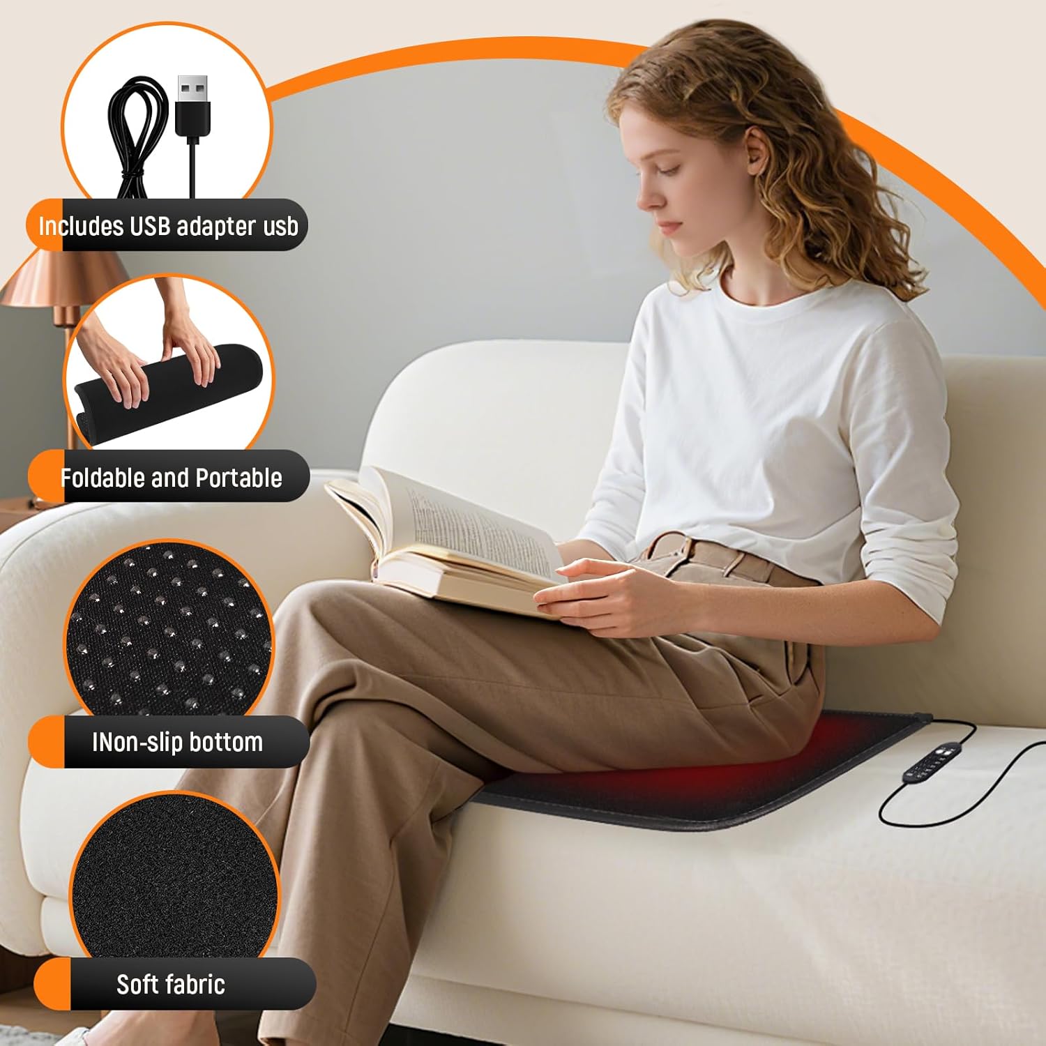 USB Heated Seat Cushion - 5V Portable Stadium Chair Heating Pad with 5 Heat Setting & 4H Timer - Light&Foldable for Travel Warmth-Universal Outdoors Seat Warmer for Office,Home,Bleachers