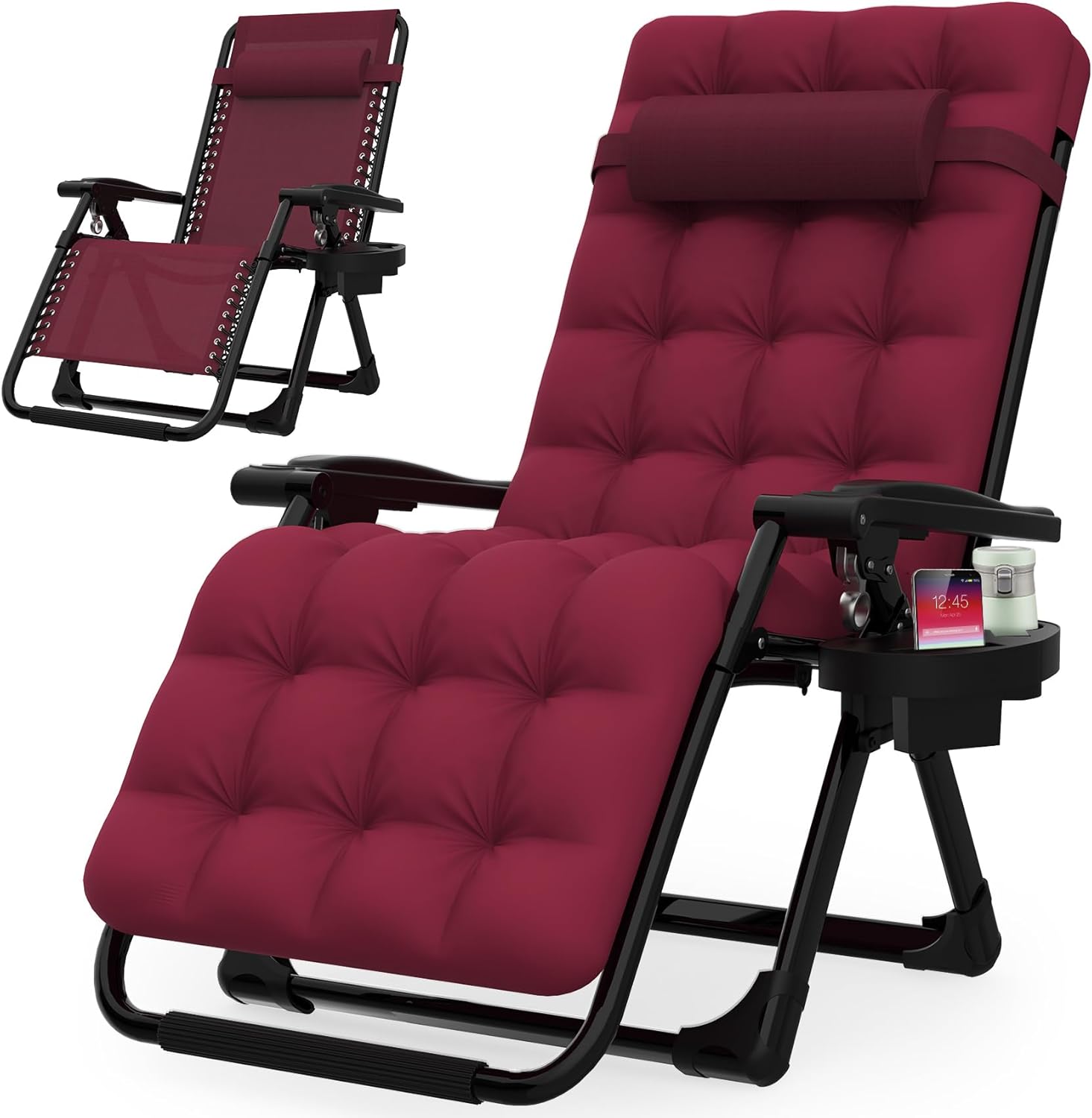 Suteck Zero Gravity Chair, Reclining Camping Lounge Chair w/Removable Cushion, Upgraded Lock and Cup Holder, Reclining Patio Chairs Folding Recliner for Indoor and Outdoor