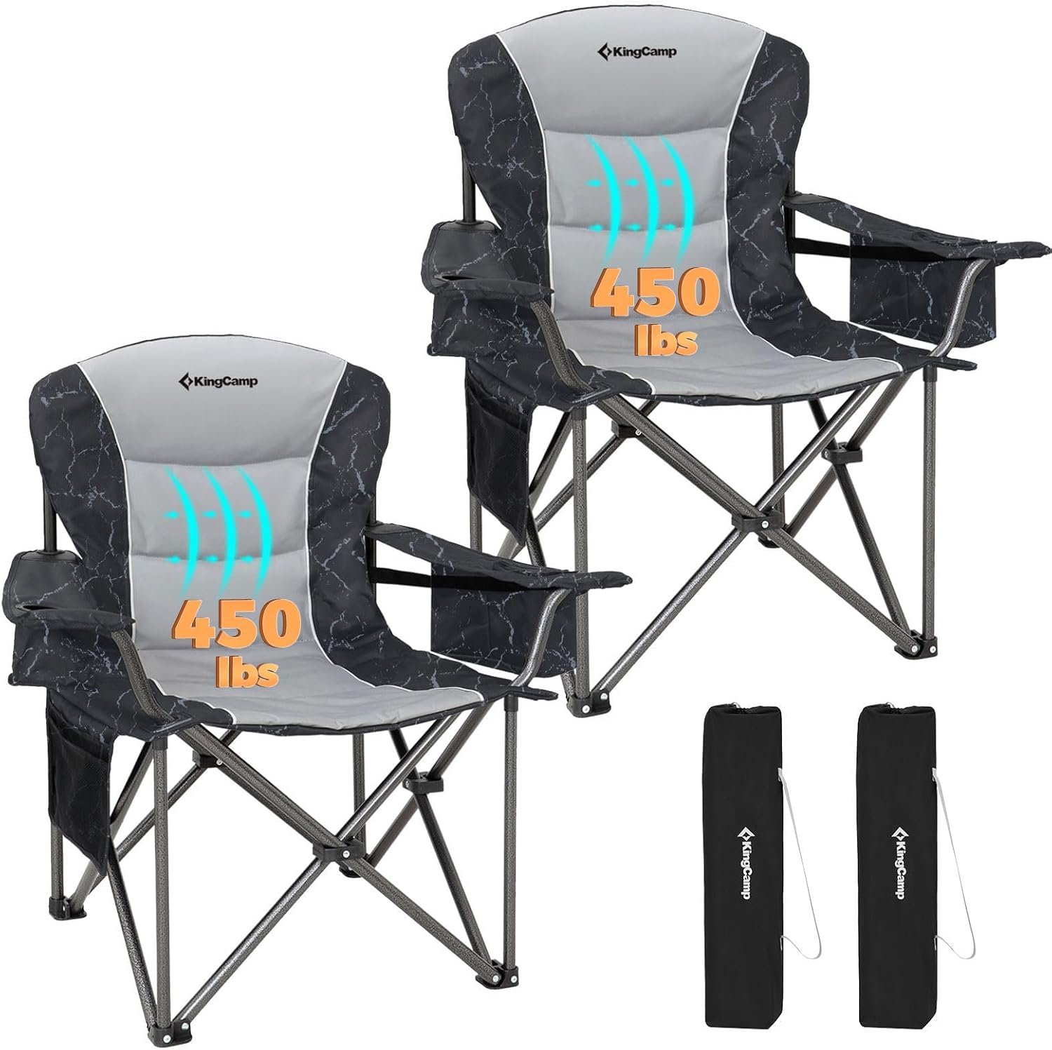 KingCamp Oversized Camping Folding Chair, Heavy Duty 450 LBS with Lumbar Support, Padded seat with Cup Holder&Cooler Bag, Ideal for Camp, Fishing, Sports Event, Backyard, Patio, Lawn (Lava Green)