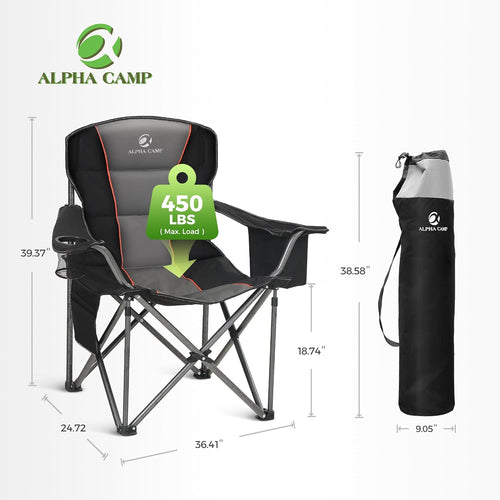 ALPHA CAMP Oversized Camping Folding Chair, Heavy Duty Support 450 LBS Steel Frame Collapsible Padded Arm Chair with Cup Holder Quad Lumbar Back, Portable for Outdoor