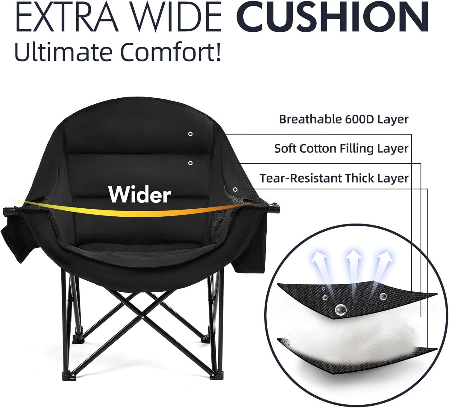 Oversized Camping Chairs for Adults - Heavy Duty Padded Outdoor Folding Lawn XL Camp Chair with Cup Holder Cooler Pockets for Outside Sports Beach Fishing Garden Portable Supports 500lbs, AllBlack