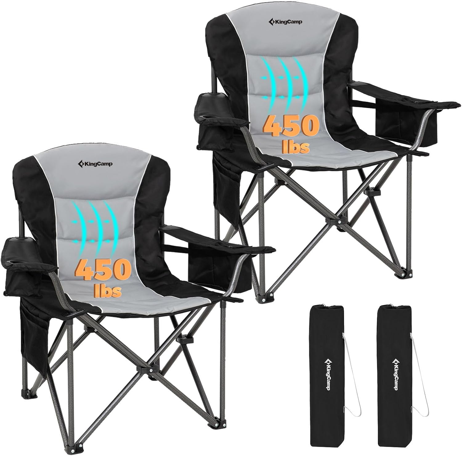 KingCamp Oversized Camping Folding Chair, Heavy Duty 450 LBS with Lumbar Support, Padded seat with Cup Holder&Cooler Bag, Ideal for Camp, Fishing, Sports Event, Backyard, Patio, Lawn (Lava Green)