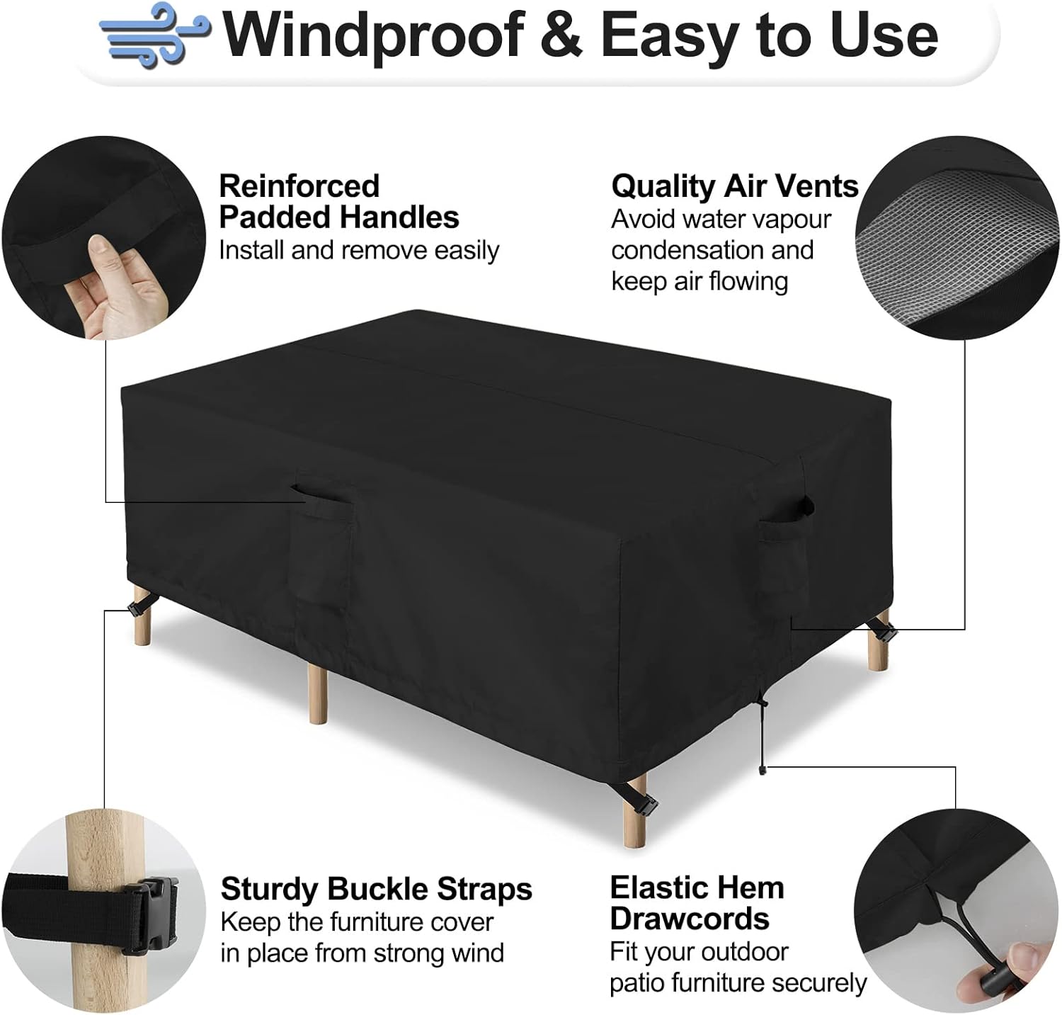 OutdoorLines Outdoor Waterproof Patio Table Furniture Set Covers - Rectangle Couch Sectional Cover Outside Weatherproof Patio Furniture Covering for Deck, Lawn and Backyard 90"L x 64"W x 28"H, Black