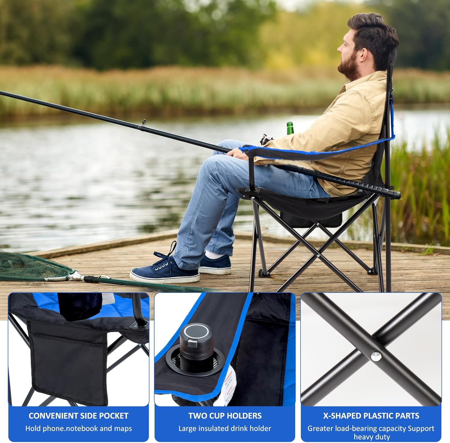 EMERIT Oversized Padded Camping Chair, 350LB Heavy Duty Quad Fold Chair with Arms, Collapsible Outdoor Chairs with Lumbar Back & Cup Holder