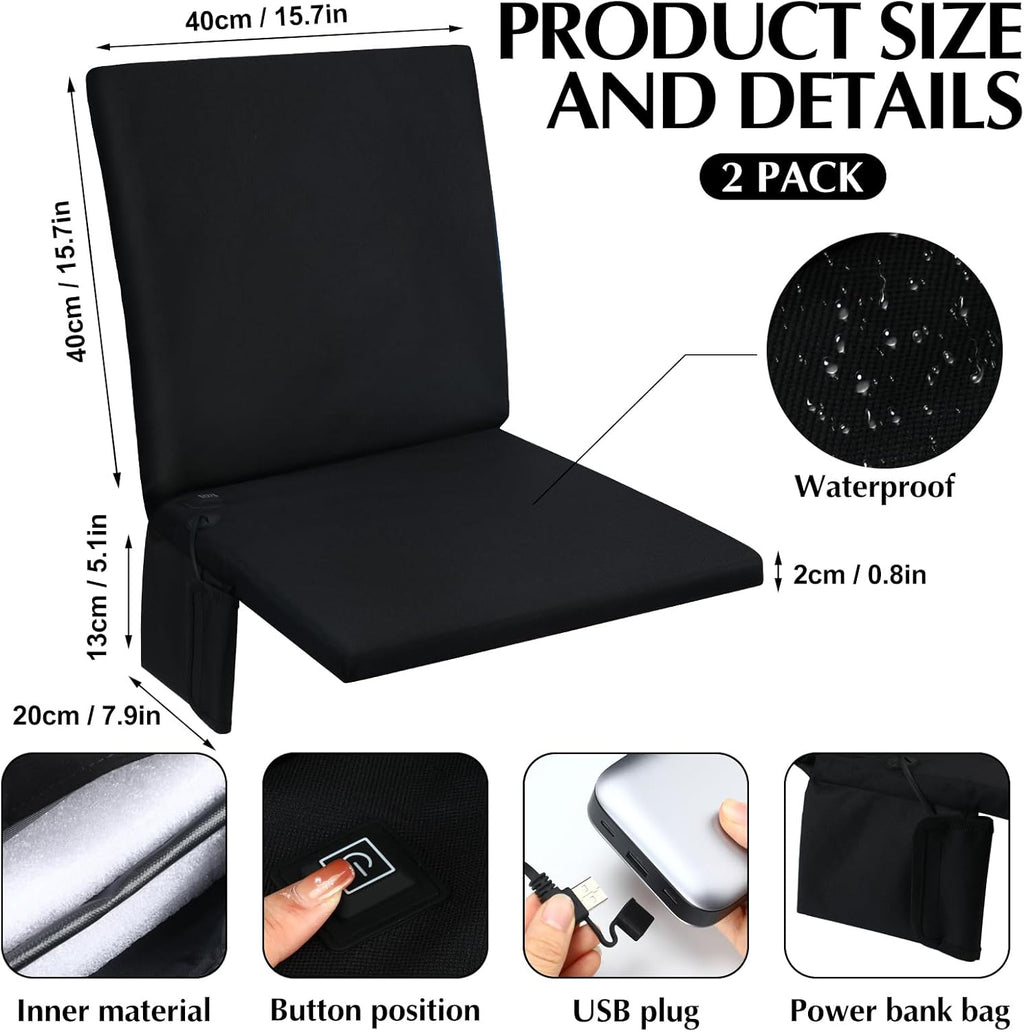 Thyle 2 Pcs Heated Seat Cushion Outdoor Bleacher Seats Sports Portable Heating Cushion 3 Mode Adjustable Heated Stadium Seat Waterproof Camping Chair Pad for Outdoor Sport, Power Bank Not Included