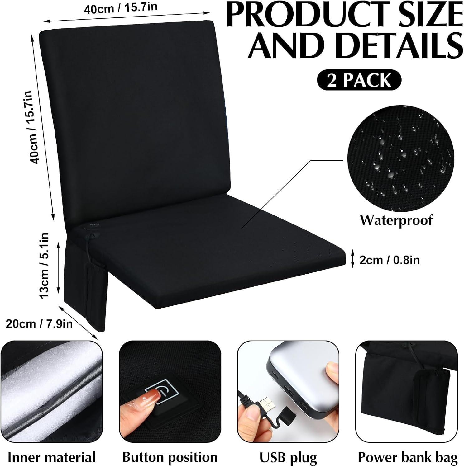 Thyle 2 Pcs Heated Seat Cushion Outdoor Bleacher Seats Sports Portable Heating Cushion 3 Mode Adjustable Heated Stadium Seat Waterproof Camping Chair Pad for Outdoor Sport, Power Bank Not Included