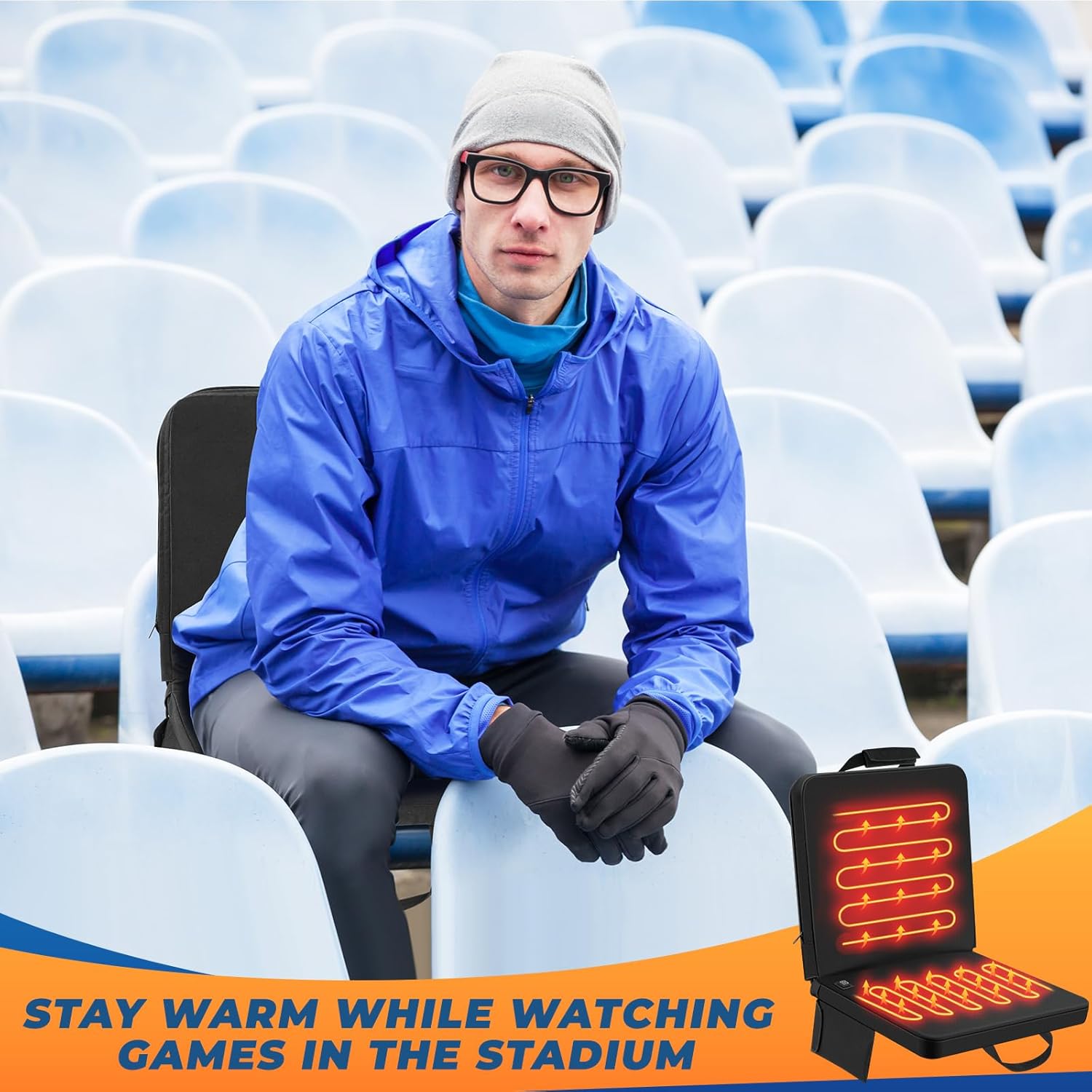 2 Pack Heated Stadium Seats for Bleachers with Back Support Extra Portable Chair Pad Foldable Seat Cushion with USB 3 Level Heating and Bag Pocket for Outdoor Sport Events