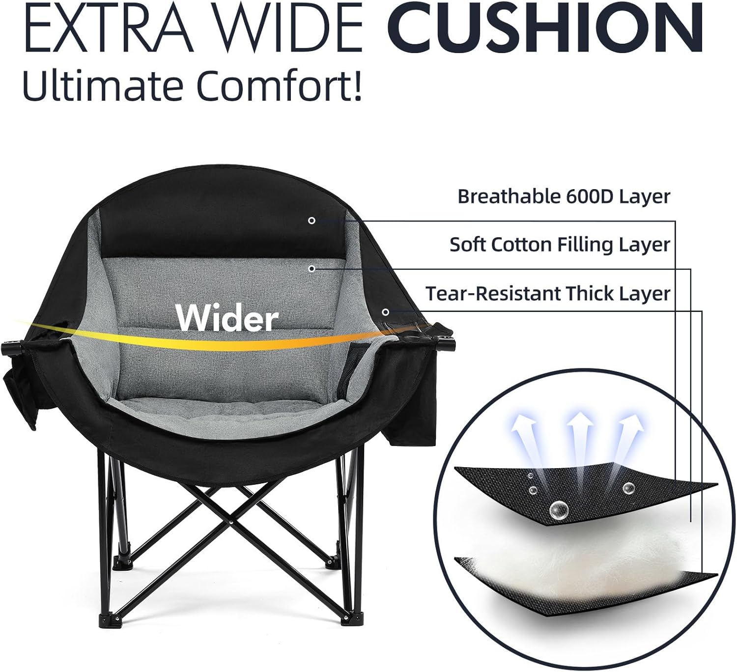 Oversized Camping Chairs for Adults - Heavy Duty Padded Outdoor Folding Lawn XL Camp Chair with Cup Holder Cooler Pockets for Outside Sports Beach Fishing Garden Portable Supports 500lbs, Black