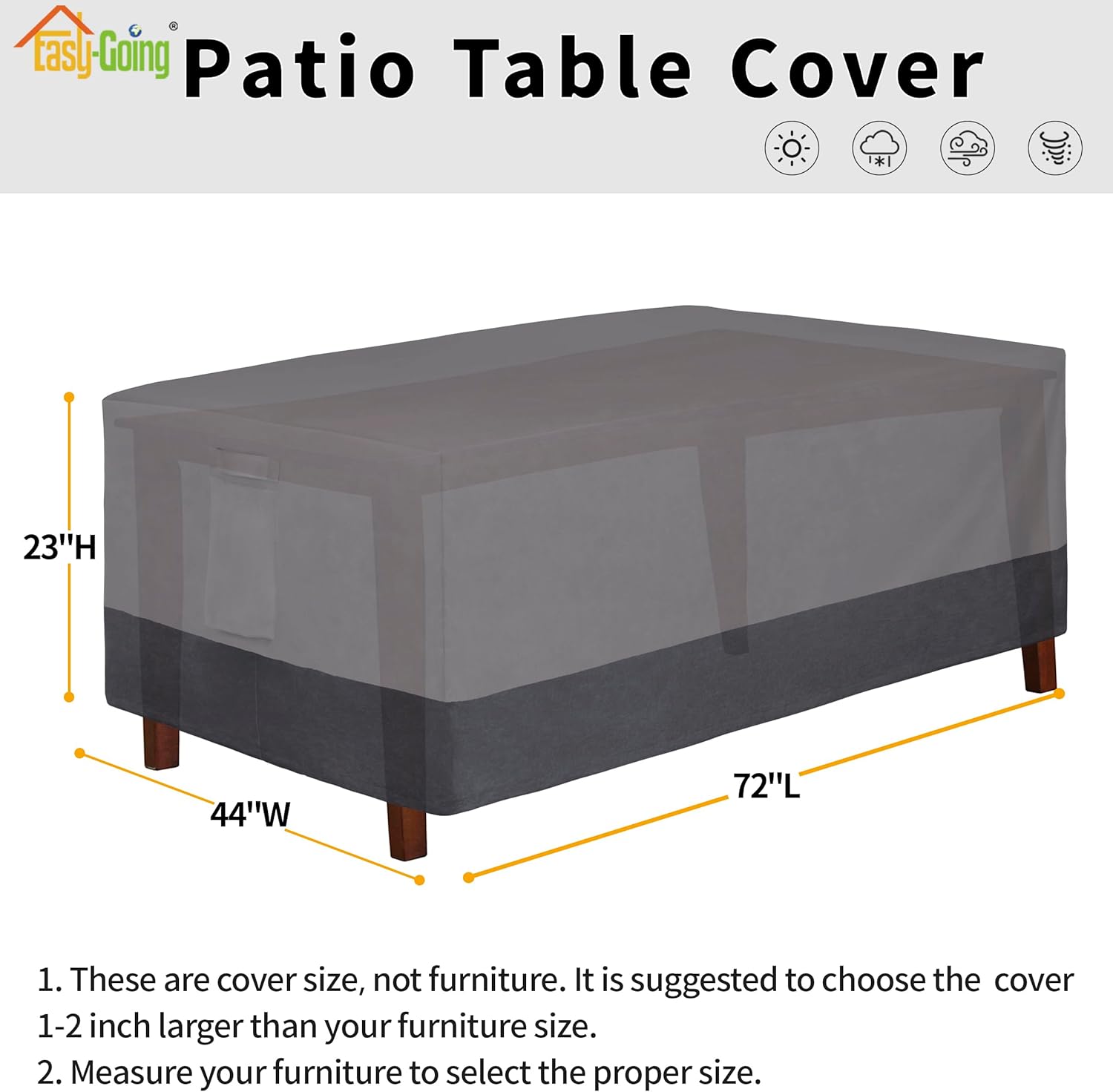 Easy-Going 600D Heavy Duty Rectangular Table Cover UV Resistant and Waterproof Outdoor Lawn Patio Furniture Cover (72" Lx44 Wx23 H, Gray/Dark Gray)