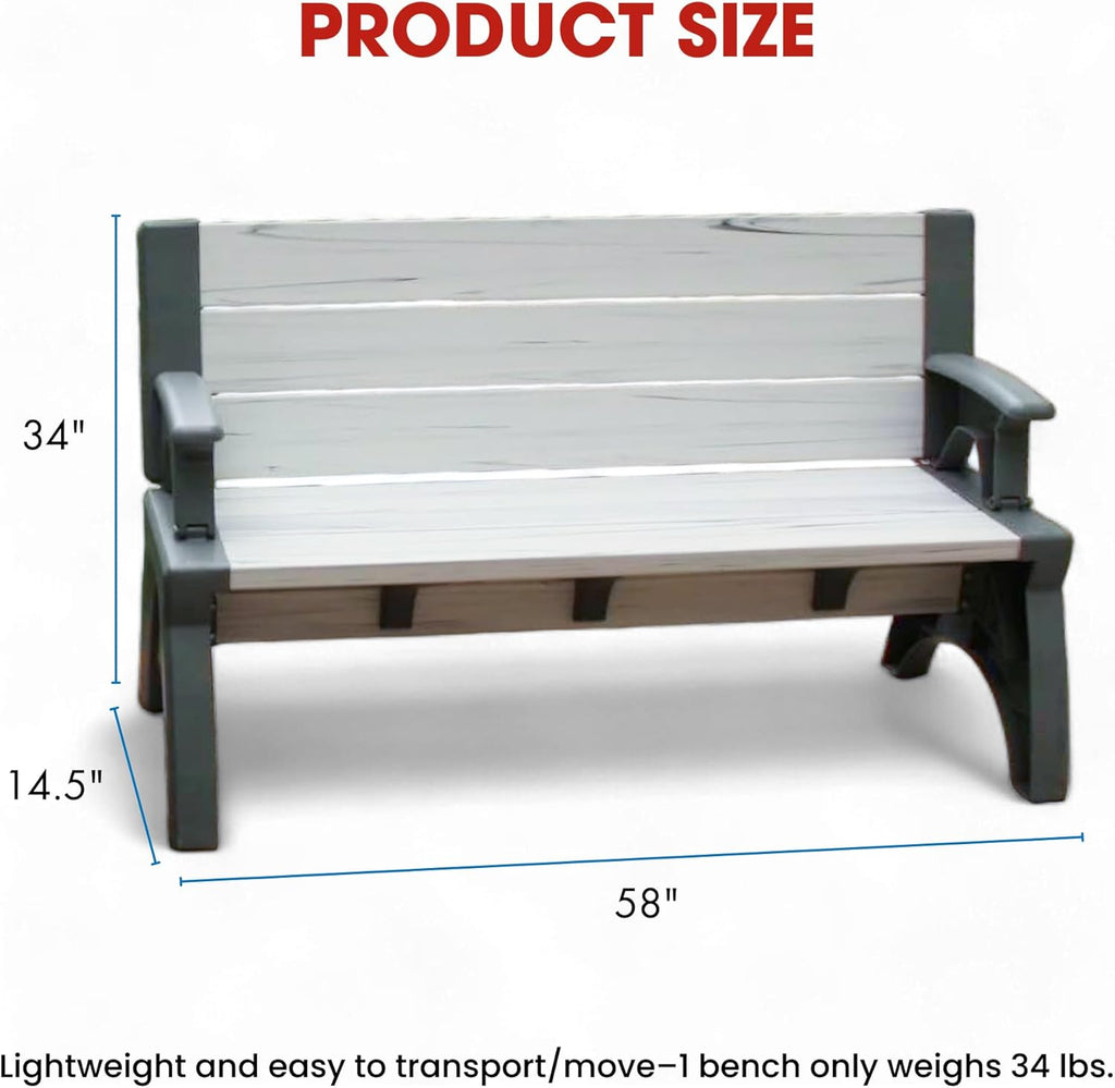 Convert-a-Bench 2-in-1 Outdoor Bench & Picnic Table - Foldable, Weather-Resistant Seating - Perfect for Patio, Lawn, Garden, or Deck - Durable & Easy Assembly - 1 Bench/Order, Platinum White Birch