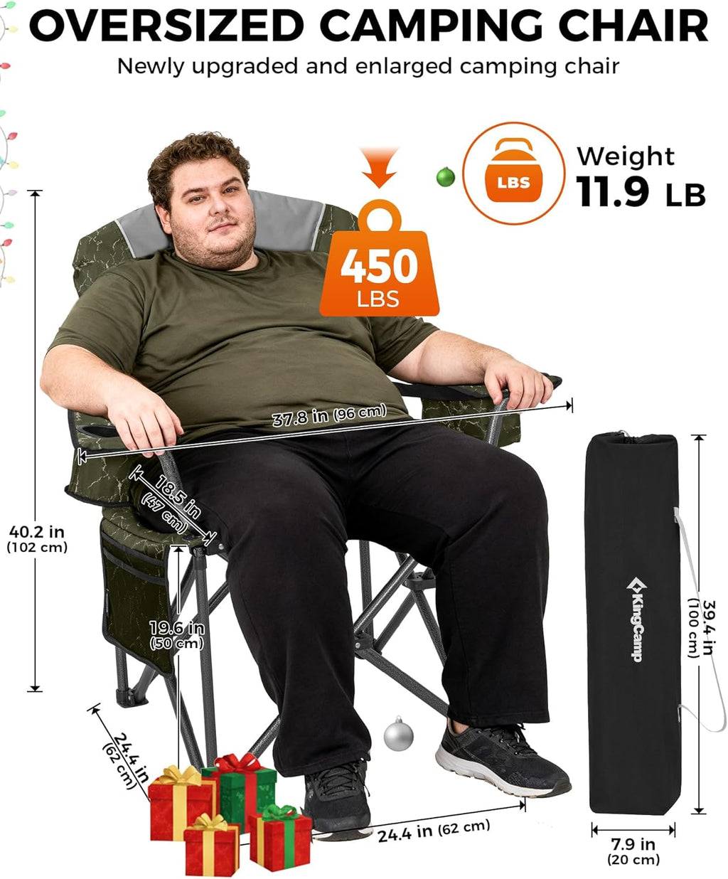 KingCamp Oversized Camping Folding Chair, Heavy Duty 450 LBS with Lumbar Support, Padded seat with Cup Holder&Cooler Bag, Ideal for Camp, Fishing, Sports Event, Backyard, Patio, Lawn (Lava Green)