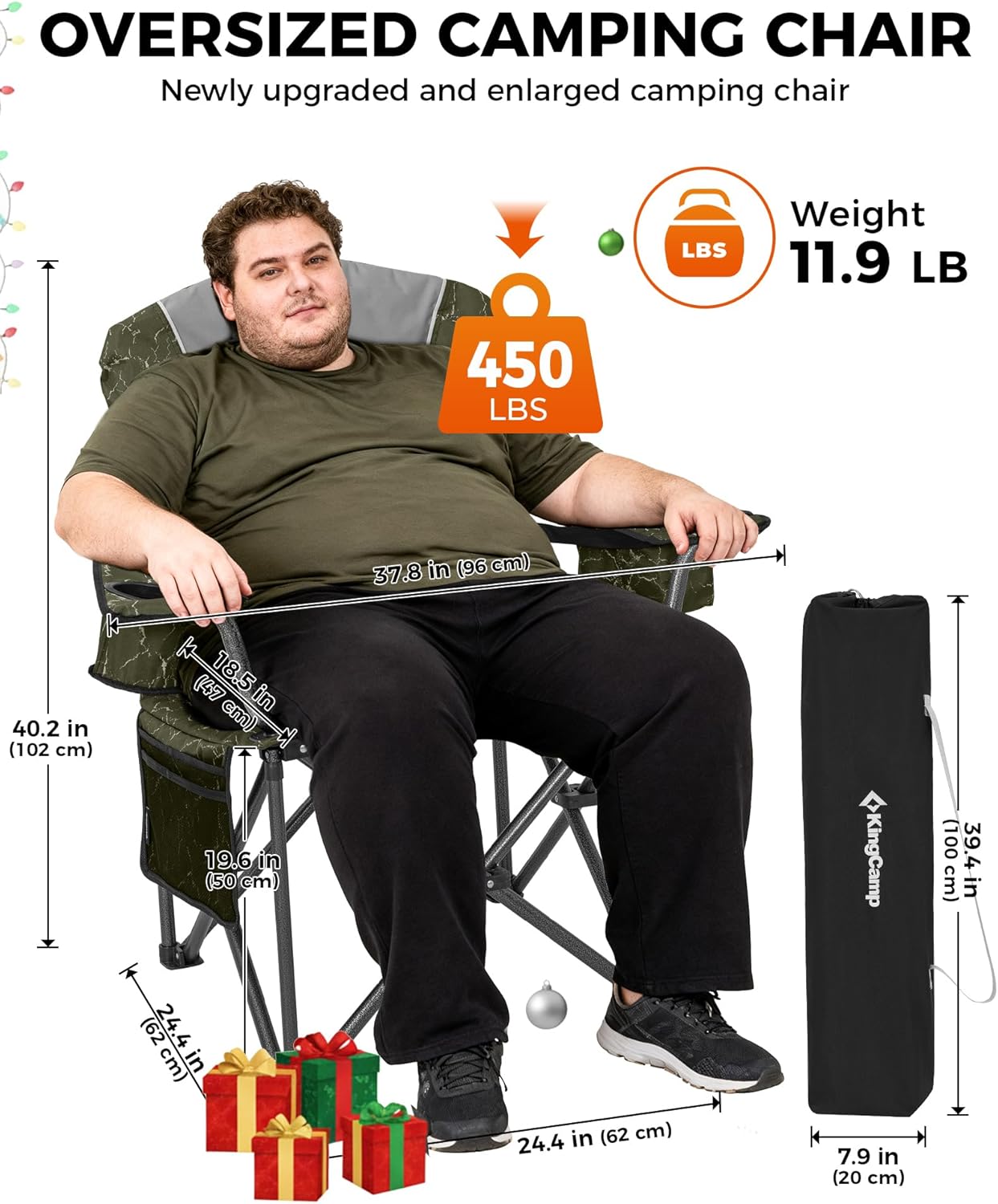 KingCamp Oversized Camping Folding Chair, Heavy Duty 450 LBS with Lumbar Support, Padded seat with Cup Holder&Cooler Bag, Ideal for Camp, Fishing, Sports Event, Backyard, Patio, Lawn (Lava Green)