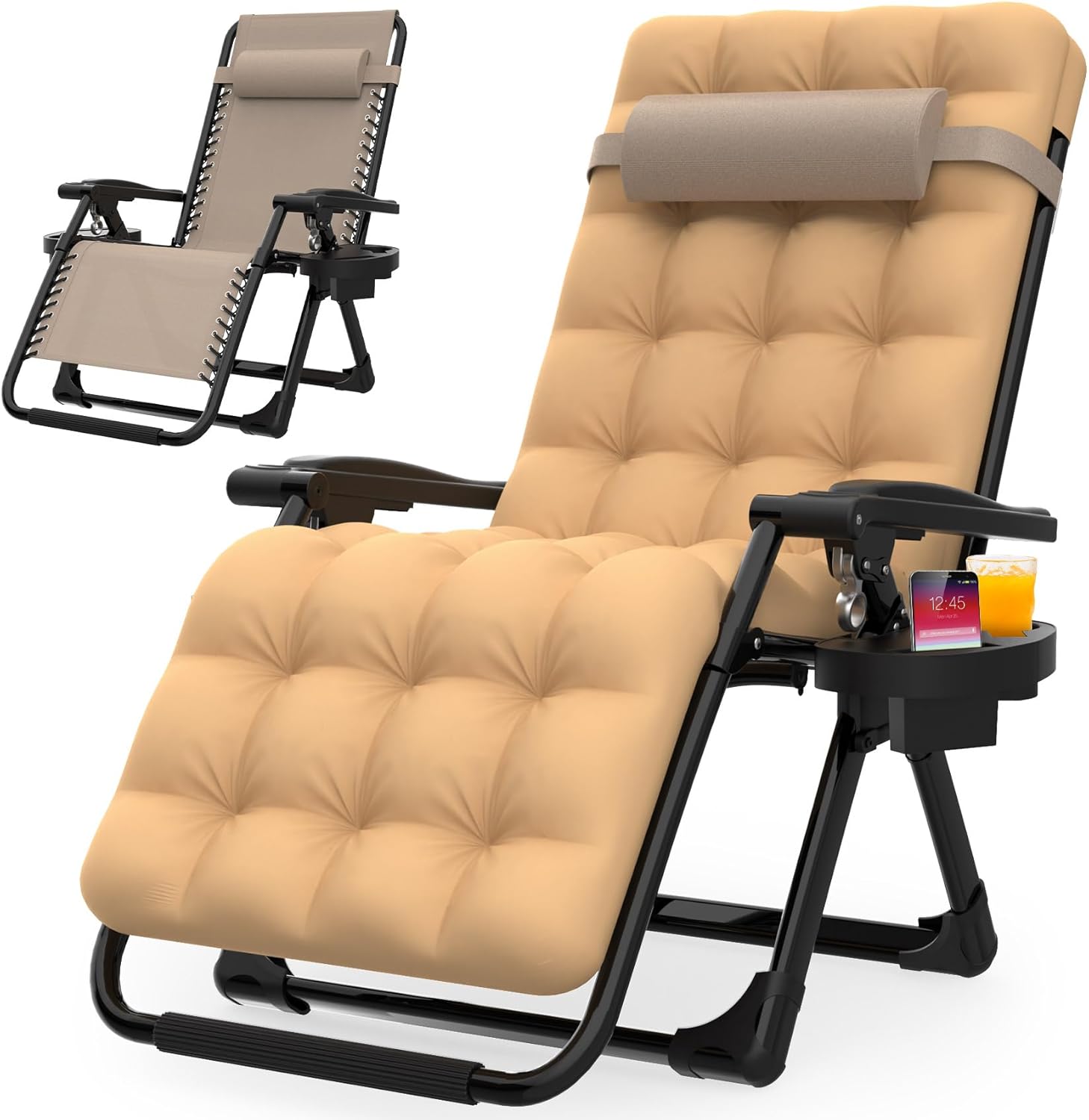 Suteck Zero Gravity Chair, Reclining Camping Lounge Chair w/Removable Cushion, Upgraded Lock and Cup Holder, Reclining Patio Chairs Folding Recliner for Indoor and Outdoor