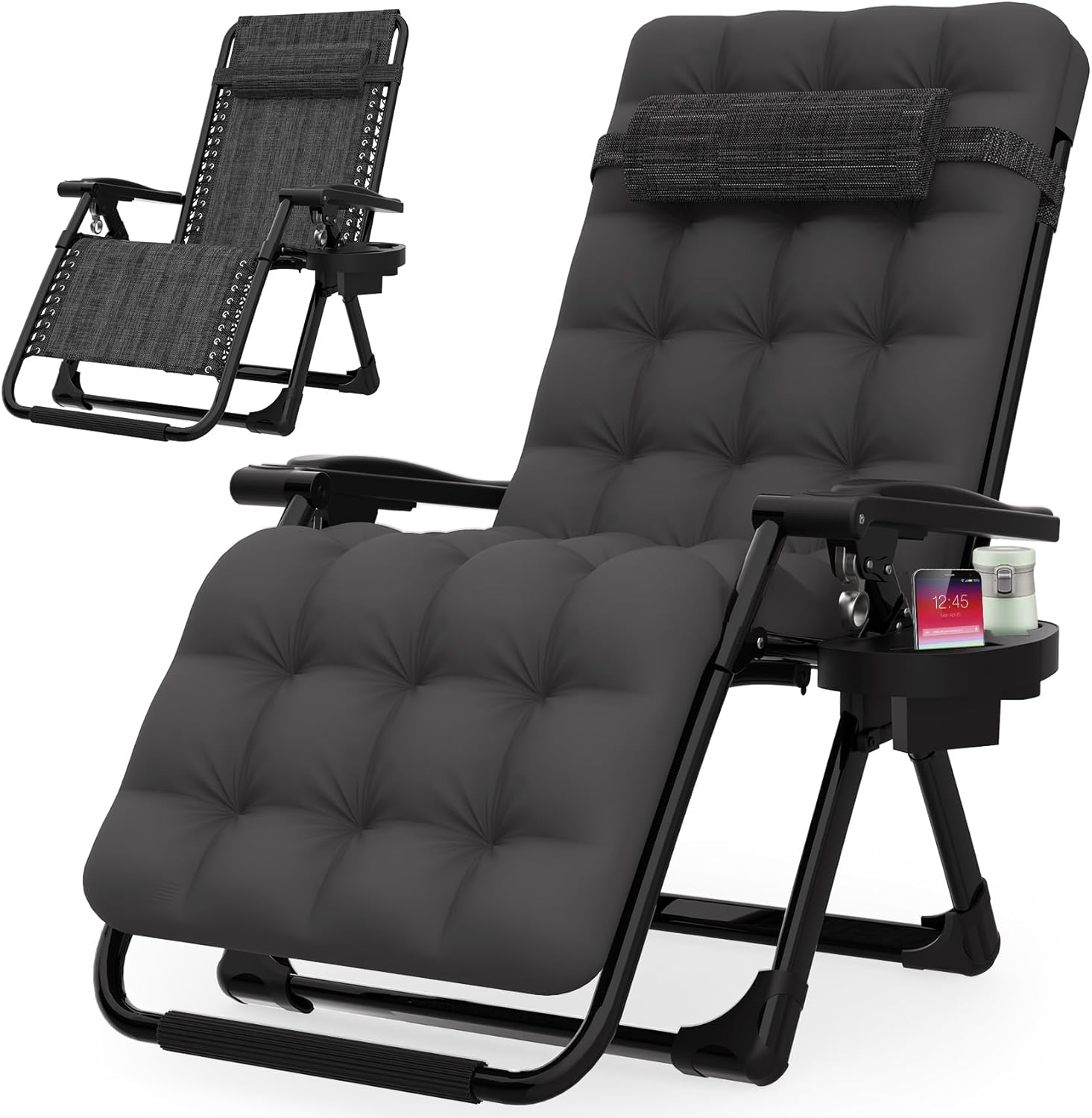 Suteck Zero Gravity Chair, Reclining Camping Lounge Chair w/Removable Cushion, Upgraded Lock and Cup Holder, Reclining Patio Chairs Folding Recliner for Indoor and Outdoor