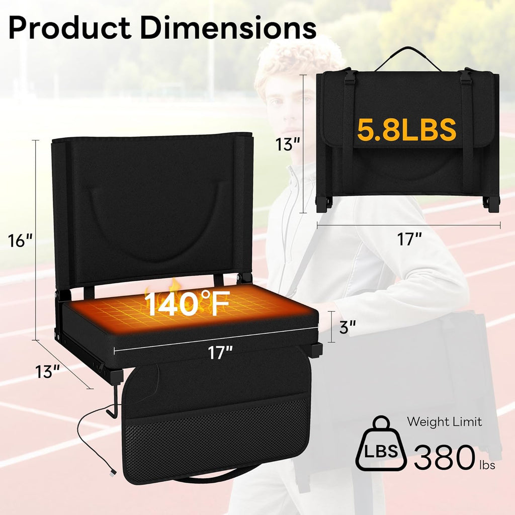 Heated Stadium Seats with Backrest and Cushion, Portable and Lightweight, Ideal for Camping, Beach, Sporting Events, Folds to Compact Size, Extra Wide, USB Battery Not Included