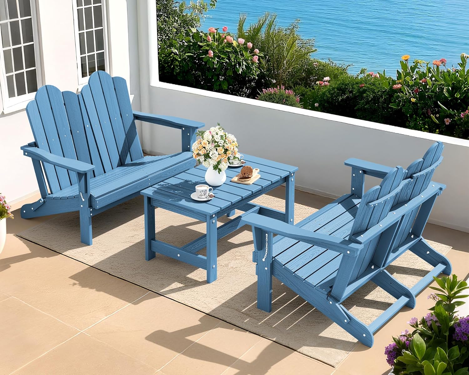 SERWALL Folding Adirondack Bench, HDPE All-Weather Adirondack Loveseat, 660 lbs Capacity, Foldable Outdoor Patio Bench for Deck, Lawn, Garden, Brown