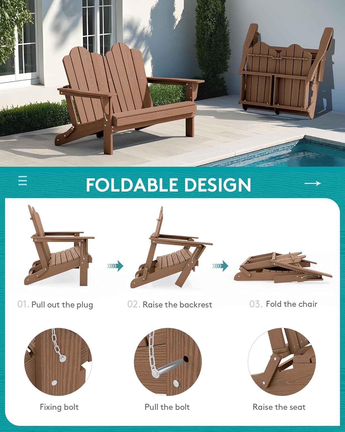 SERWALL Folding Adirondack Bench, HDPE All-Weather Adirondack Loveseat, 660 lbs Capacity, Foldable Outdoor Patio Bench for Deck, Lawn, Garden, Brown