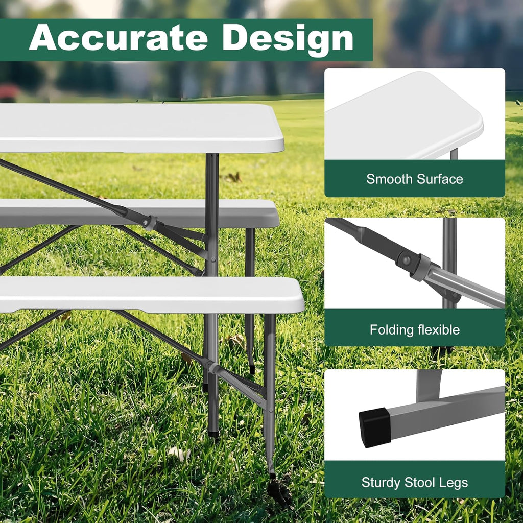 6ft Folding Bench 2 Pack, Plastic Folding Bench for Picnic Camping Dining Party Garden, 6 feet Foldable Benches for Soccer Multipurpose Entertaining Activities, Smooth HDPE Tabletop, White