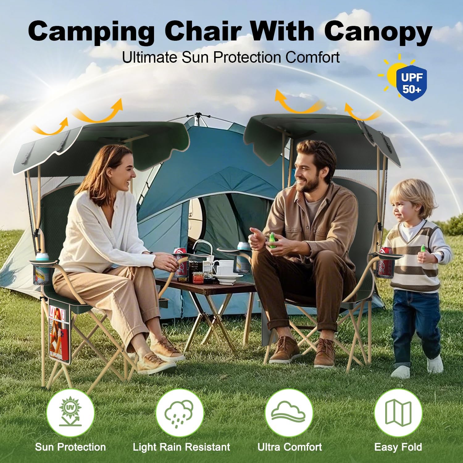 Portable Camping Chair with Canopy - Folding Chair with Canopy, Durable 600D Oxford Canopy Chair for Camping, Beach, Picnics, Fishing & Sports