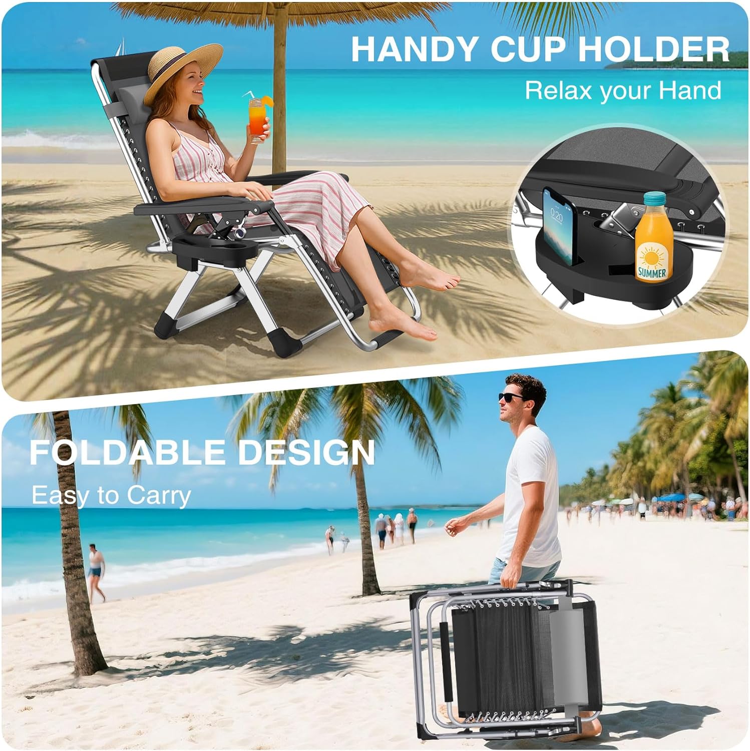 Suteck Zero Gravity Chair, Reclining Camping Lounge Chair w/Removable Cushion, Upgraded Lock and Cup Holder, Reclining Patio Chairs Folding Recliner for Indoor and Outdoor