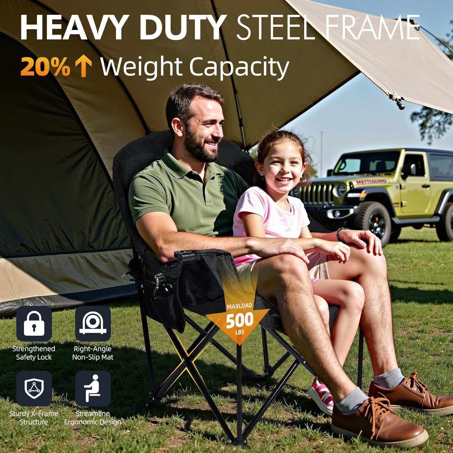 Oversized Camping Chairs for Adults - Heavy Duty Padded Outdoor Folding Lawn XL Camp Chair with Cup Holder Cooler Pockets for Outside Sports Beach Fishing Garden Portable Supports 500lbs, AllBlack