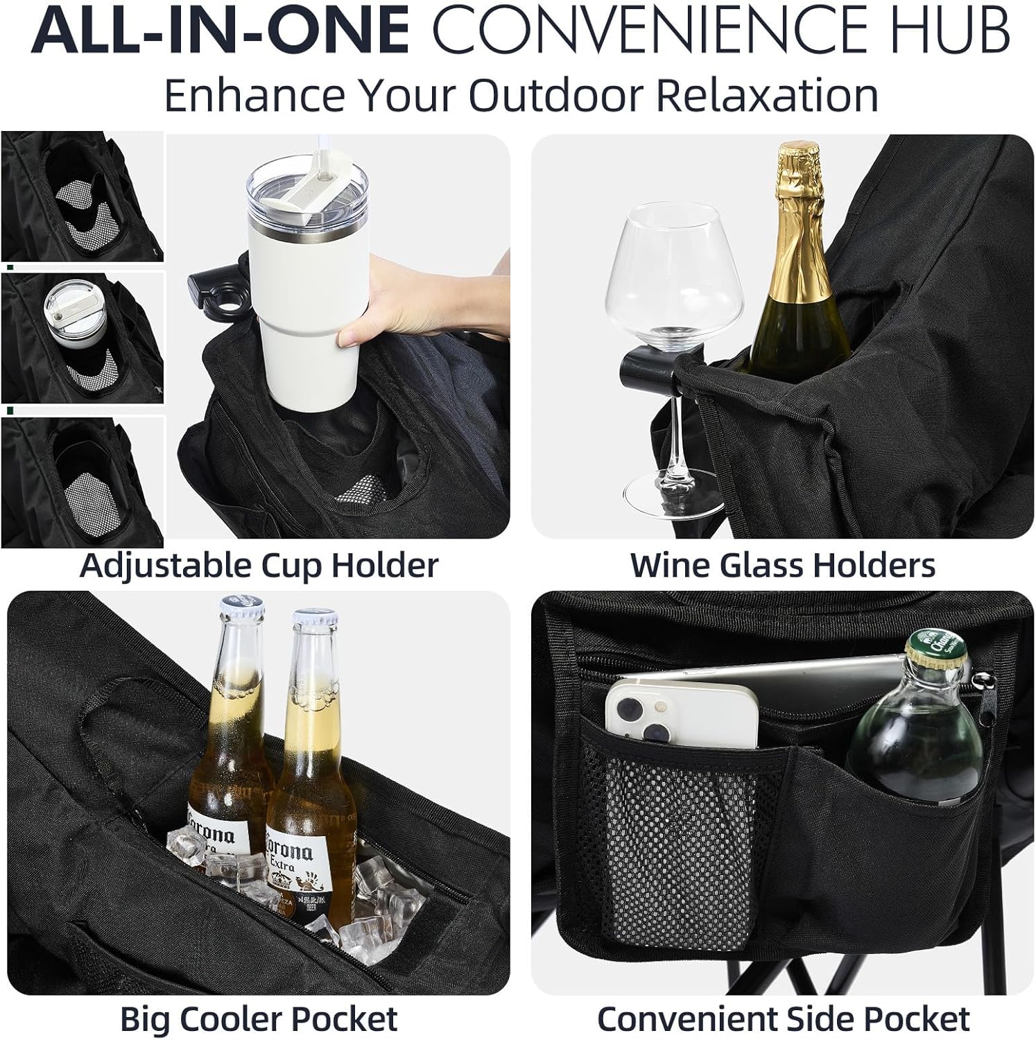 Oversized Camping Chairs for Adults - Heavy Duty Padded Outdoor Folding Lawn XL Camp Chair with Cup Holder Cooler Pockets for Outside Sports Beach Fishing Garden Portable Supports 500lbs, AllBlack