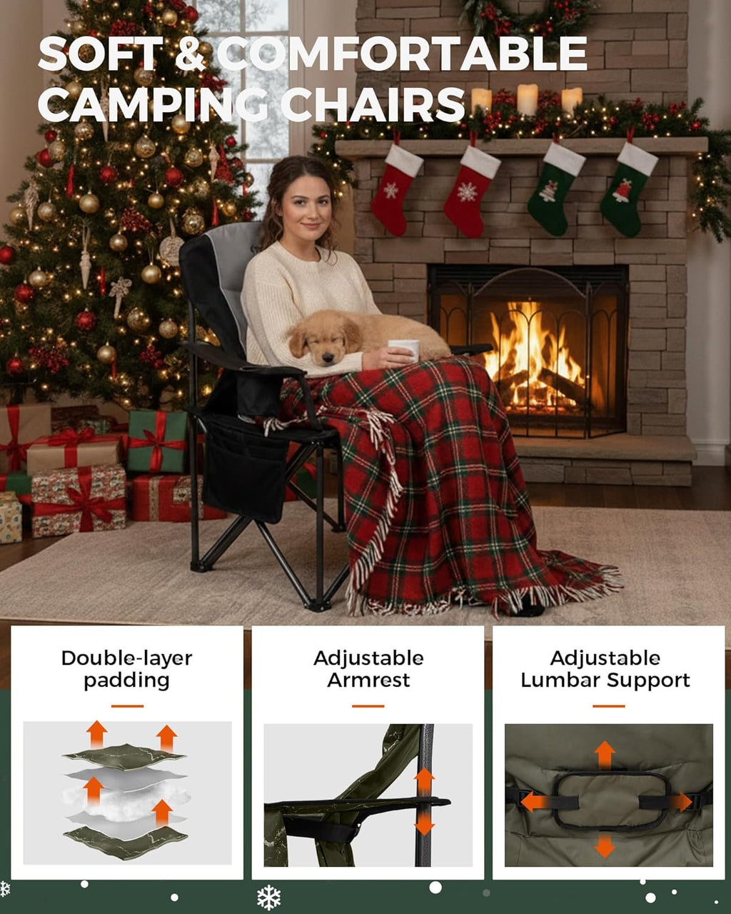 KingCamp Oversized Camping Folding Chair, Heavy Duty 450 LBS with Lumbar Support, Padded seat with Cup Holder&Cooler Bag, Ideal for Camp, Fishing, Sports Event, Backyard, Patio, Lawn (Lava Green)